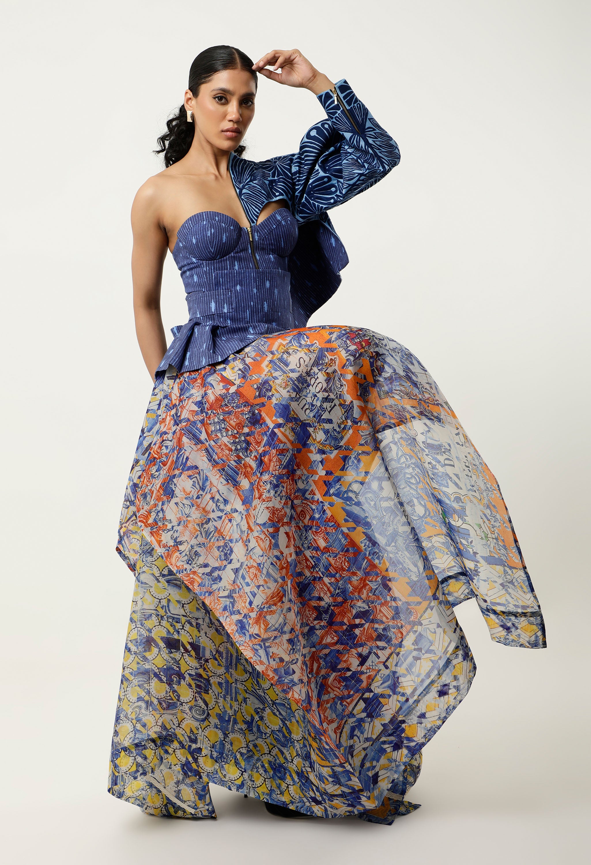 3D FLORAL EMB BUSTIER WITH SILK ORGANZA PRINTED SKIRT + BELT