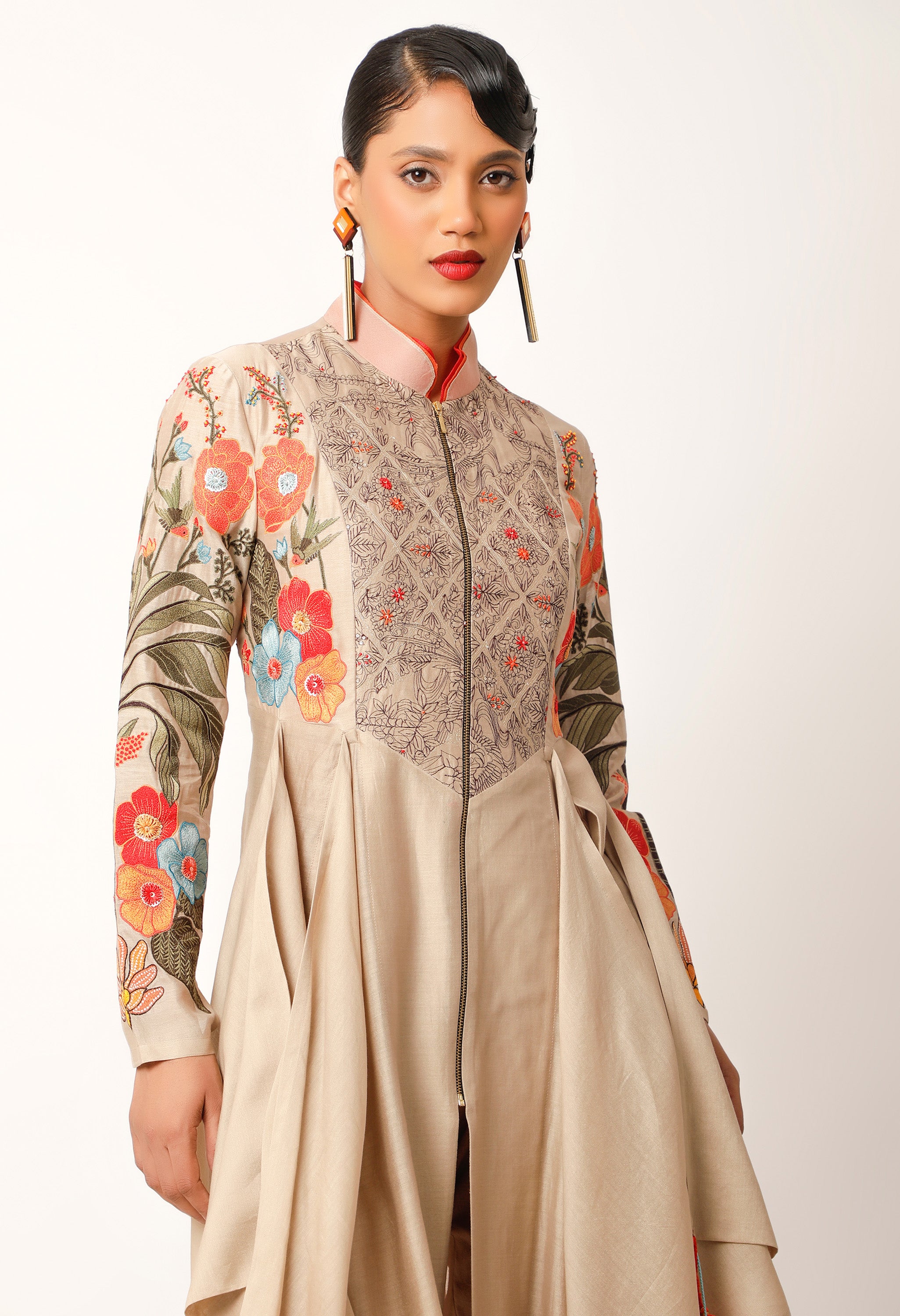 FOLIAGE EMBROIDERED ZIPPERED ANGRAKHA WITH PANTS