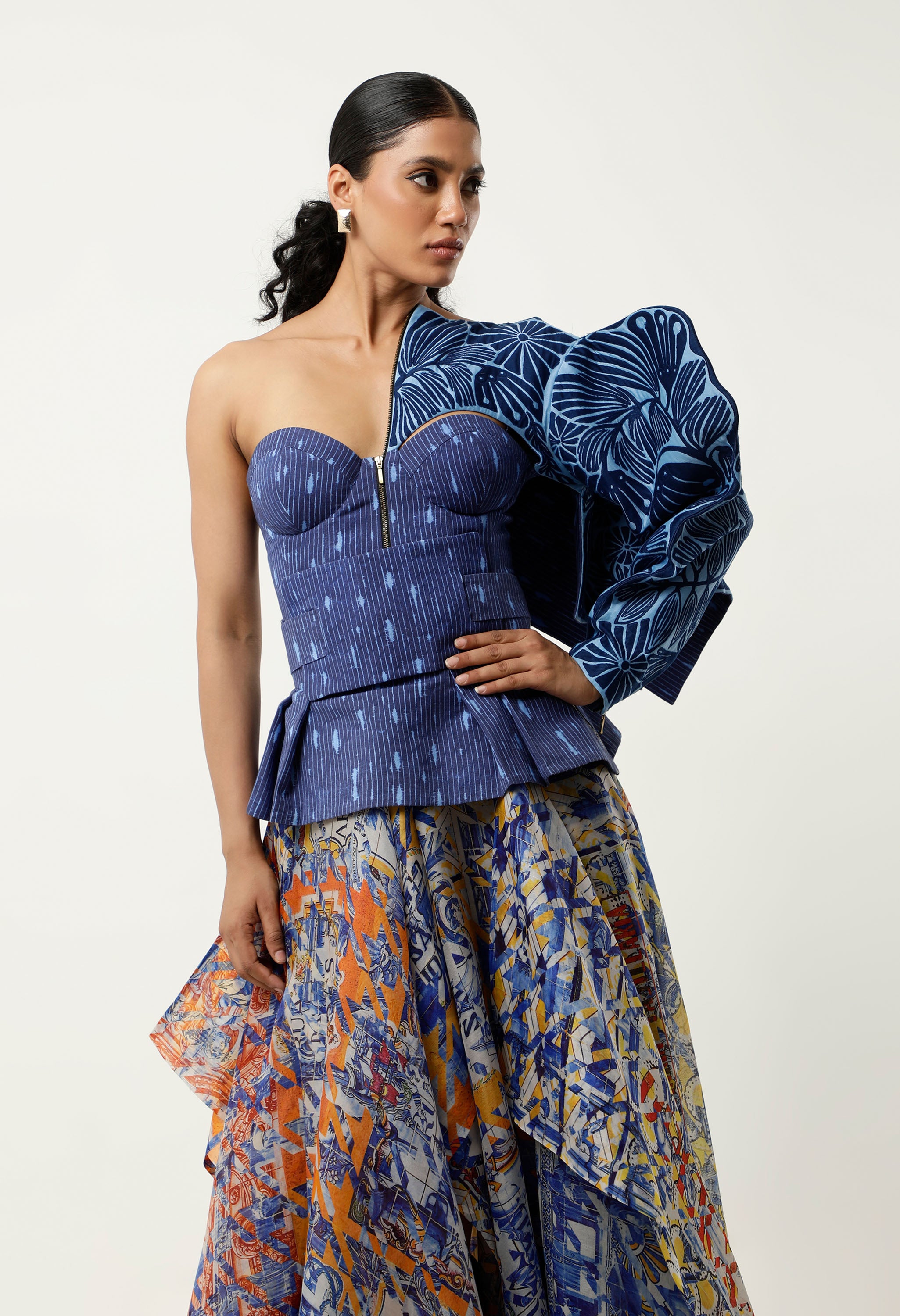 3D FLORAL EMB BUSTIER WITH SILK ORGANZA PRINTED SKIRT + BELT