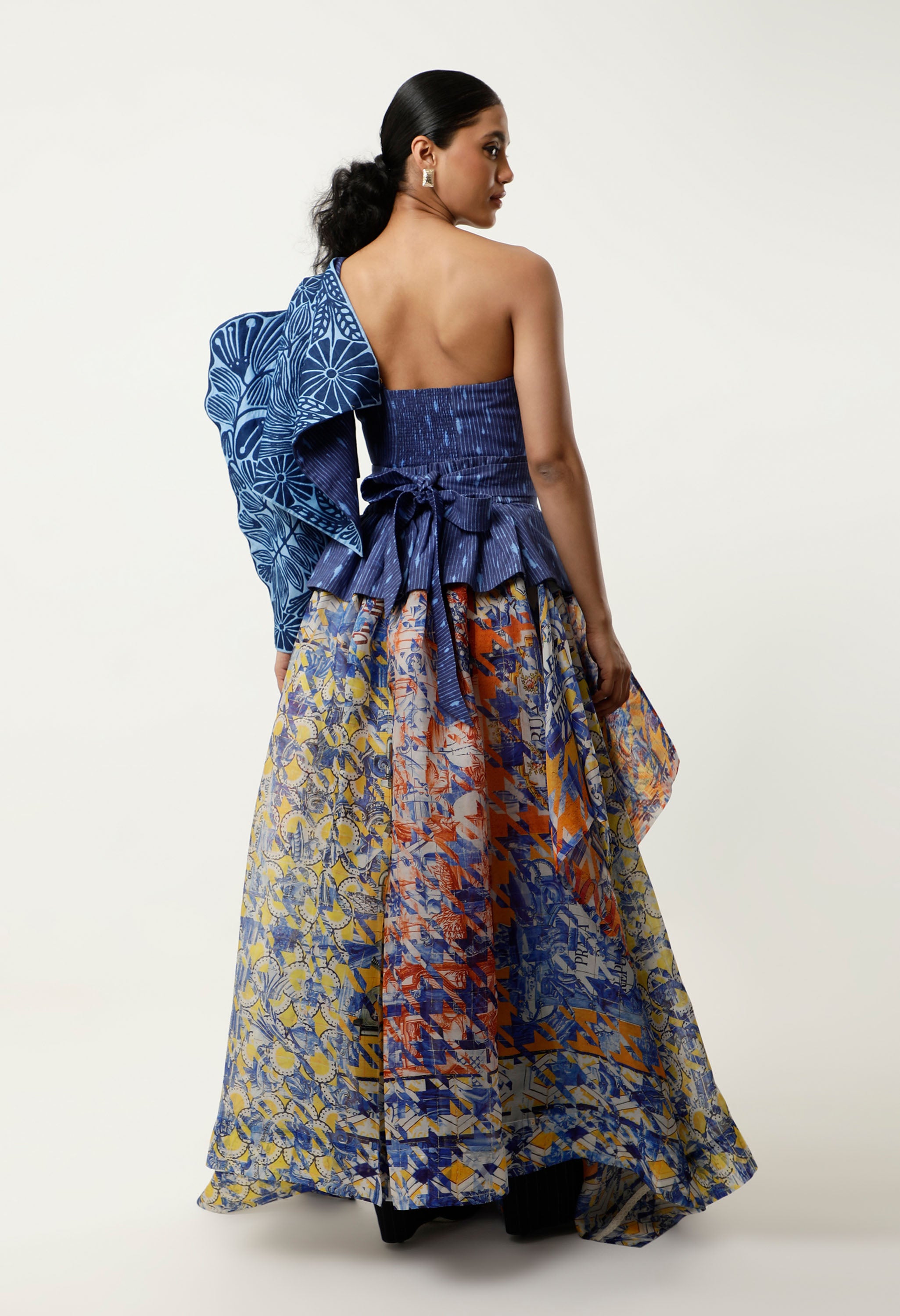 3D FLORAL EMB BUSTIER WITH SILK ORGANZA PRINTED SKIRT + BELT