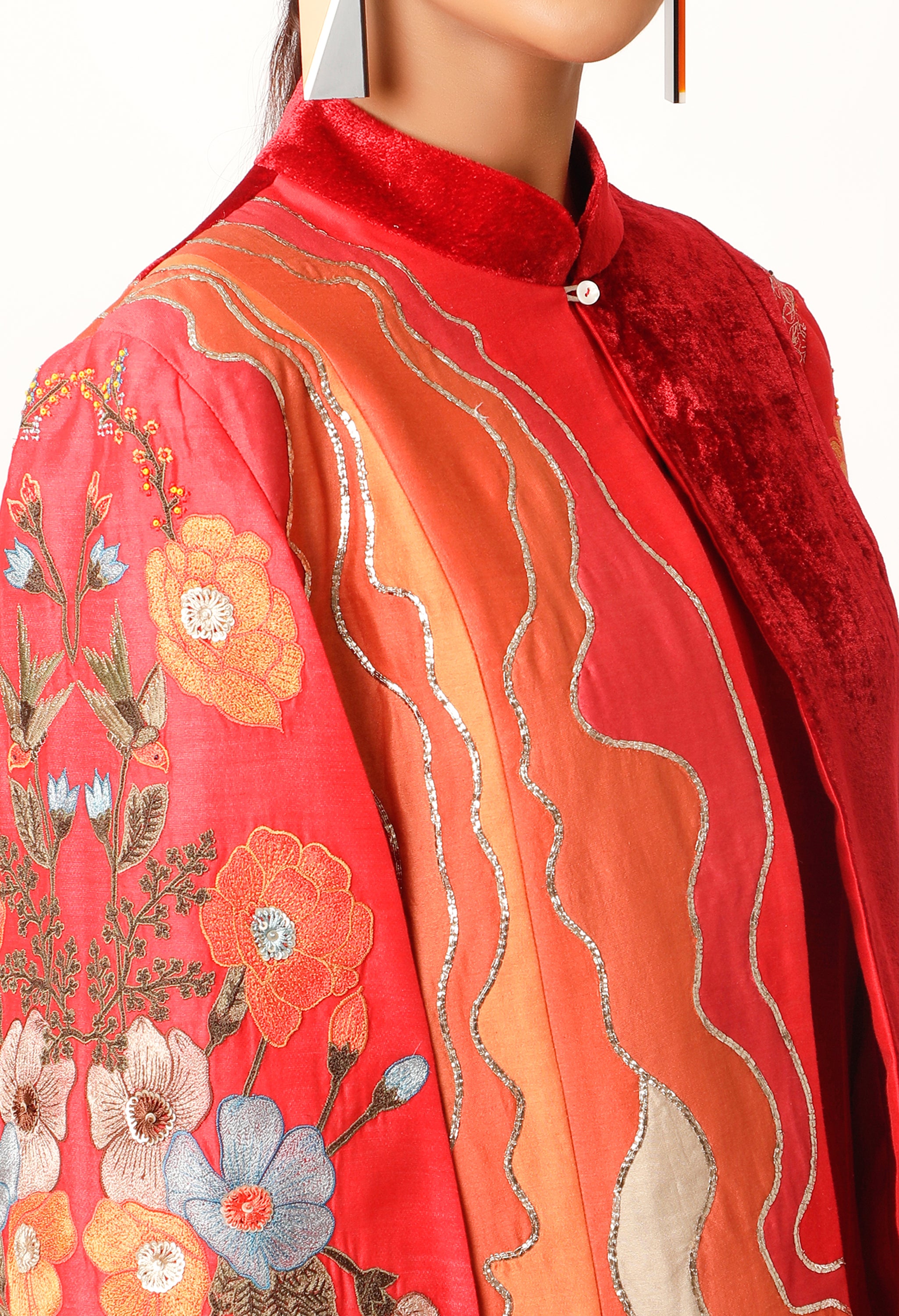 FOLIAGE EMB CAPE WITH ASSYMTRICAL KALIDAR