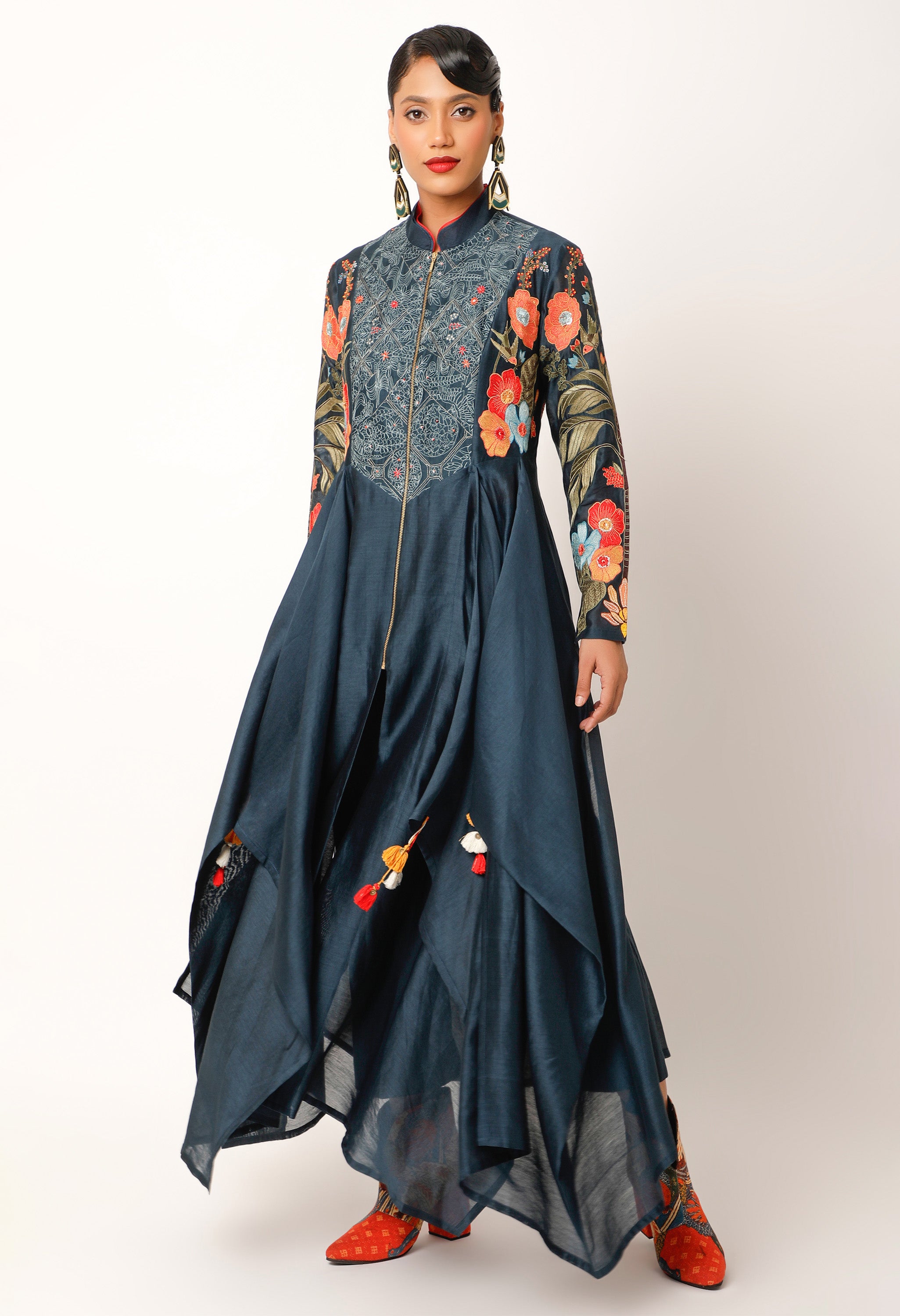 FOLIAGE EMBROIDERED ZIPPERED ANGRAKHA WITH PANTS