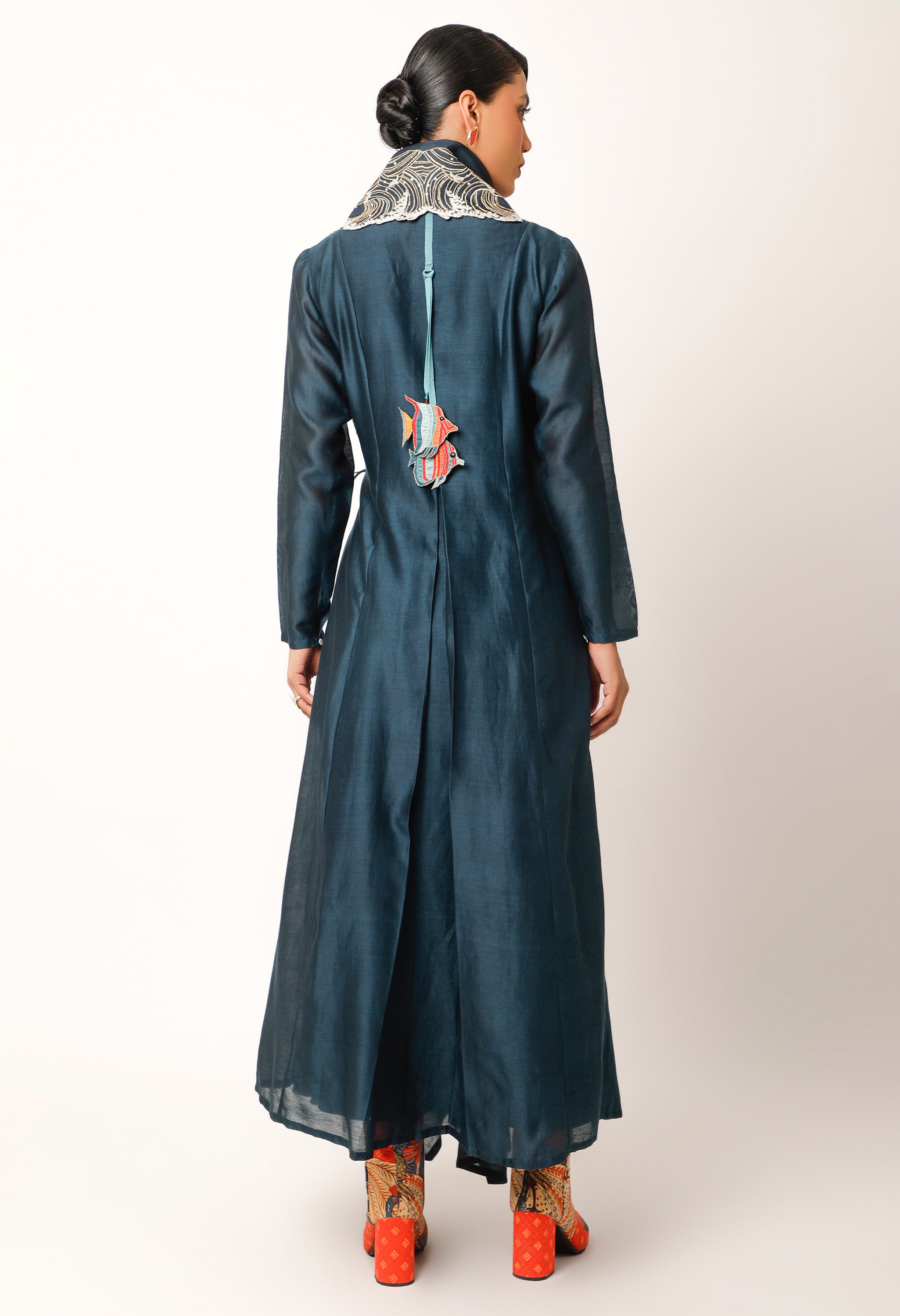 WAVES EMBROIDERED DRAPED COLLAR ANGRAKHA WITH PANTS