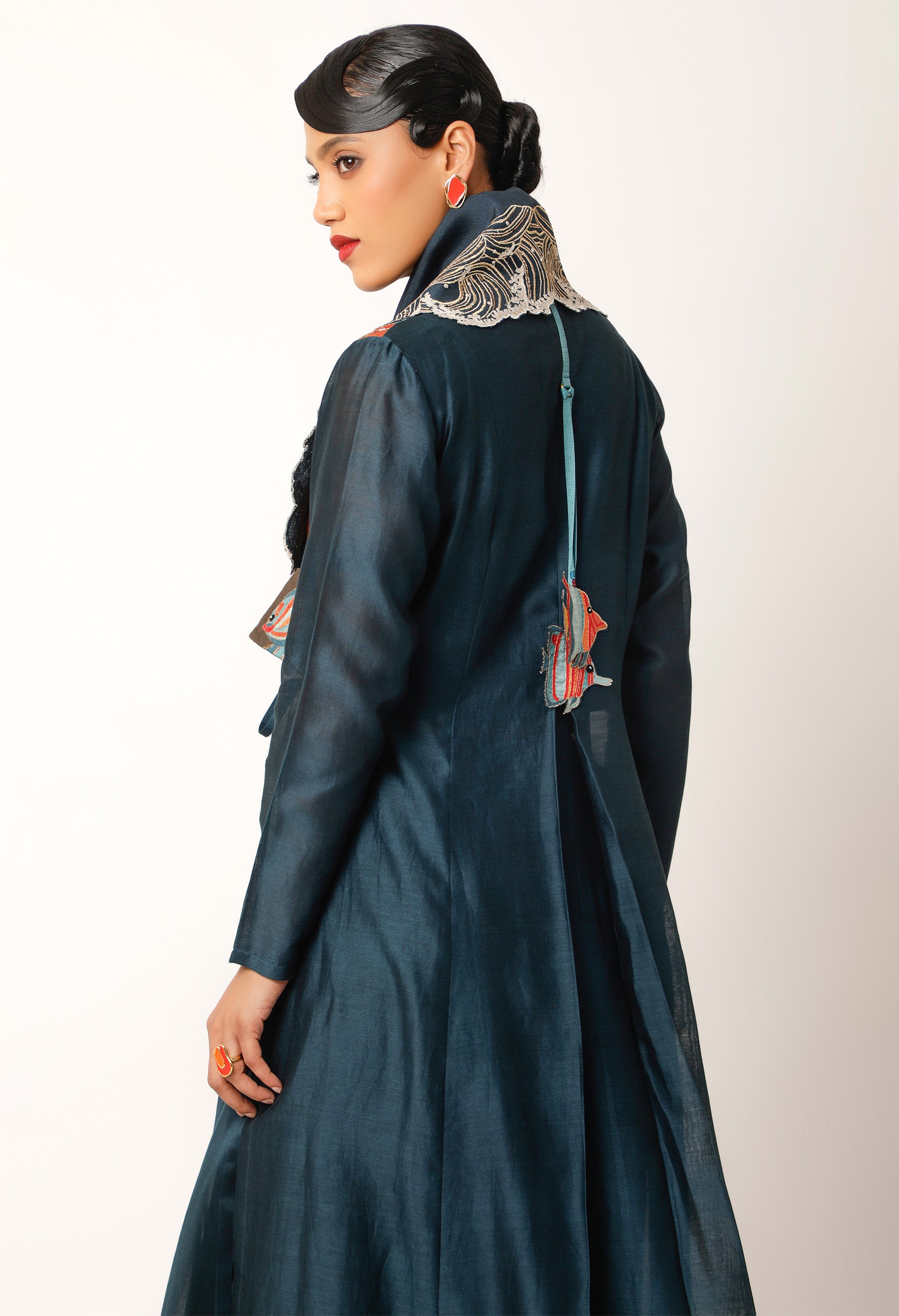 WAVES EMBROIDERED DRAPED COLLAR ANGRAKHA WITH PANTS
