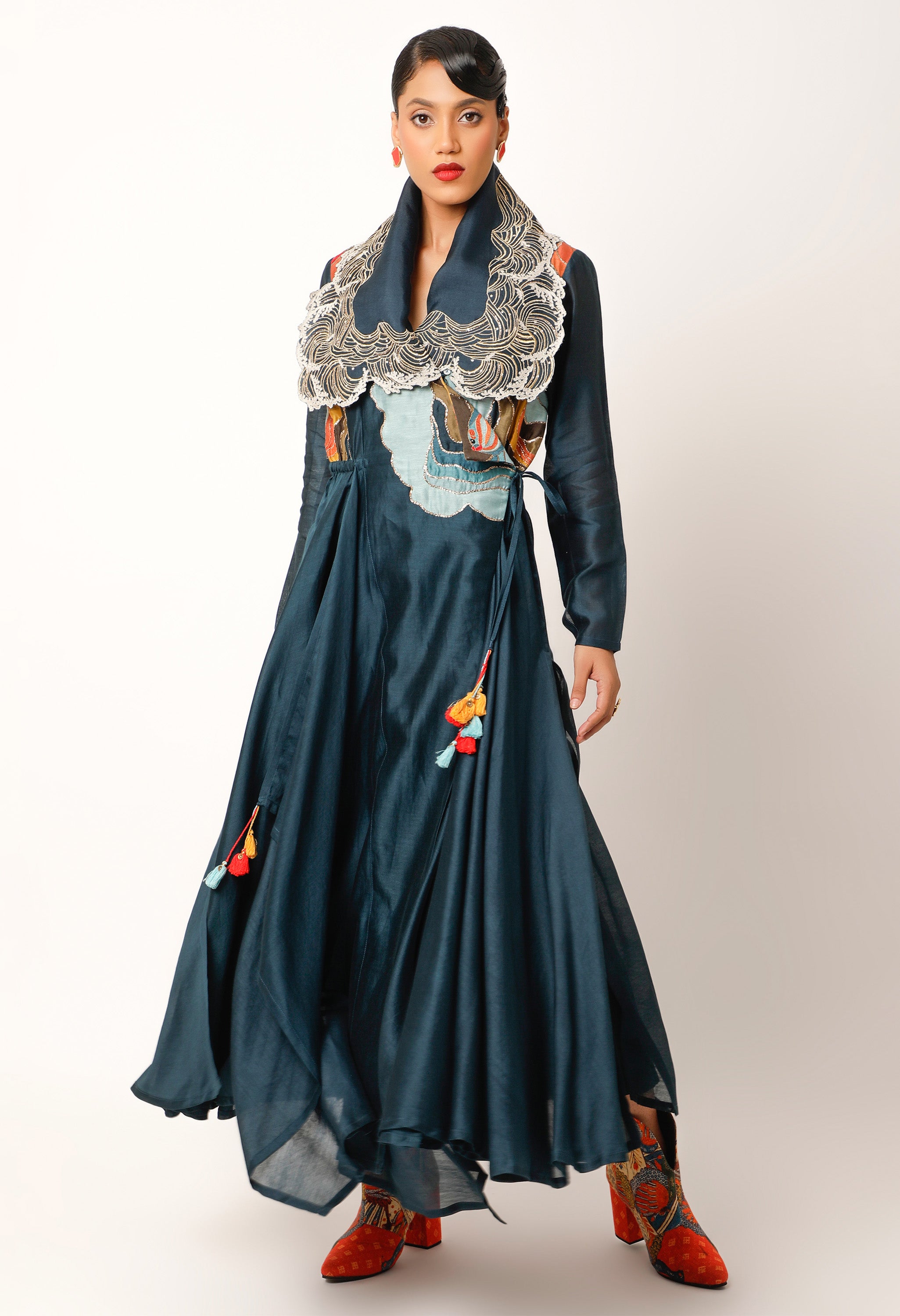 WAVES EMBROIDERED DRAPED COLLAR ANGRAKHA WITH PANTS