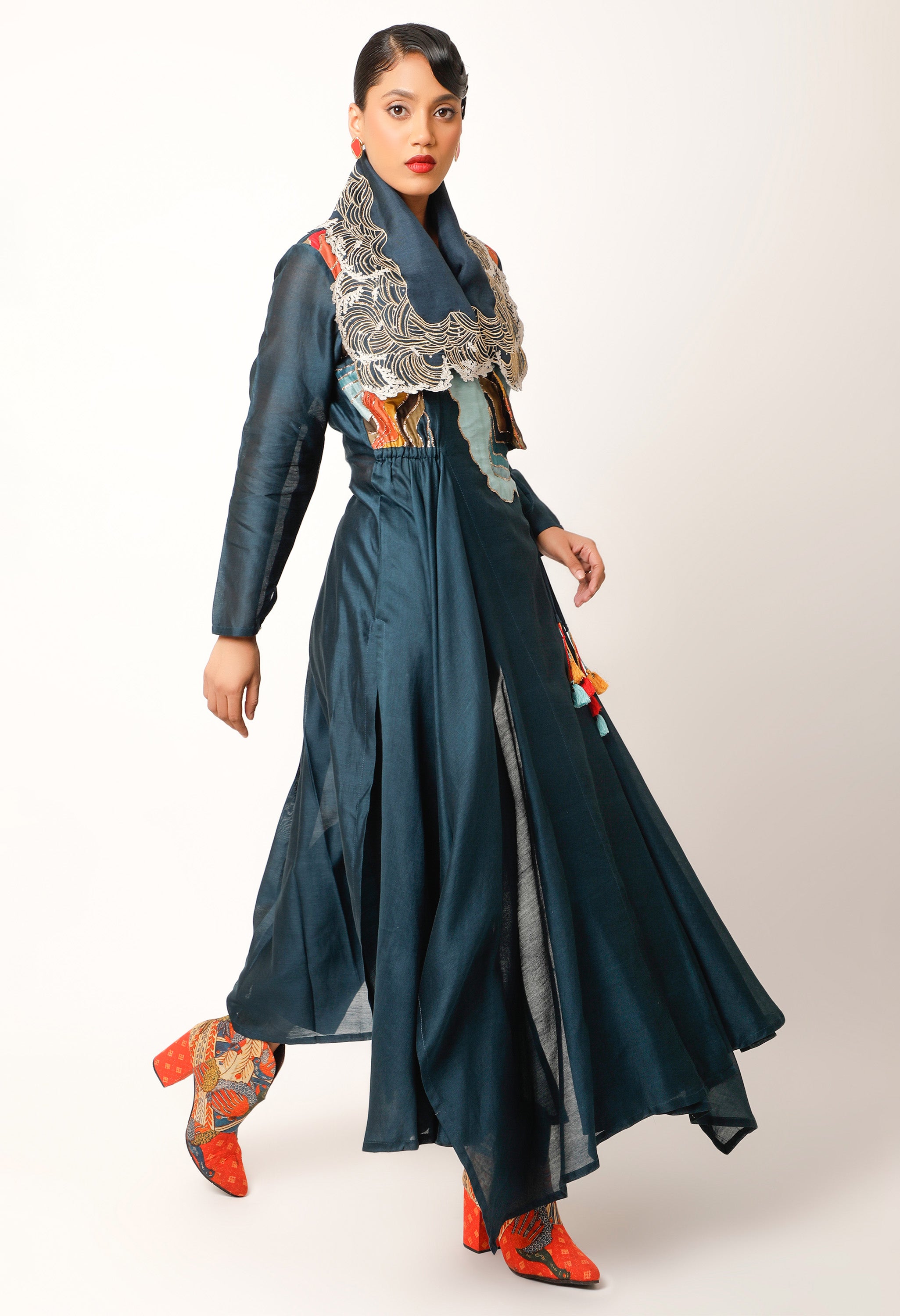 WAVES EMBROIDERED DRAPED COLLAR ANGRAKHA WITH PANTS