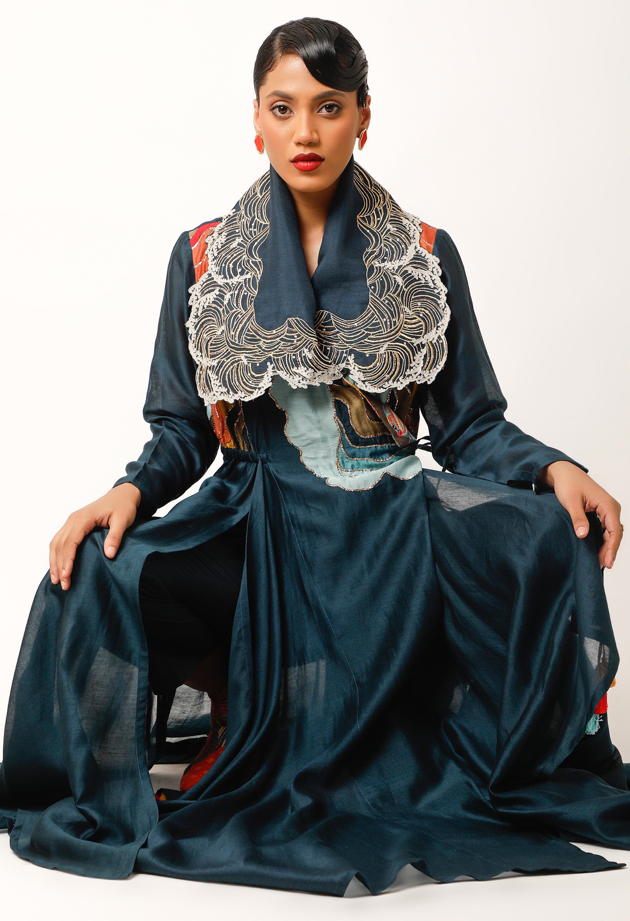 WAVES EMBROIDERED DRAPED COLLAR ANGRAKHA WITH PANTS