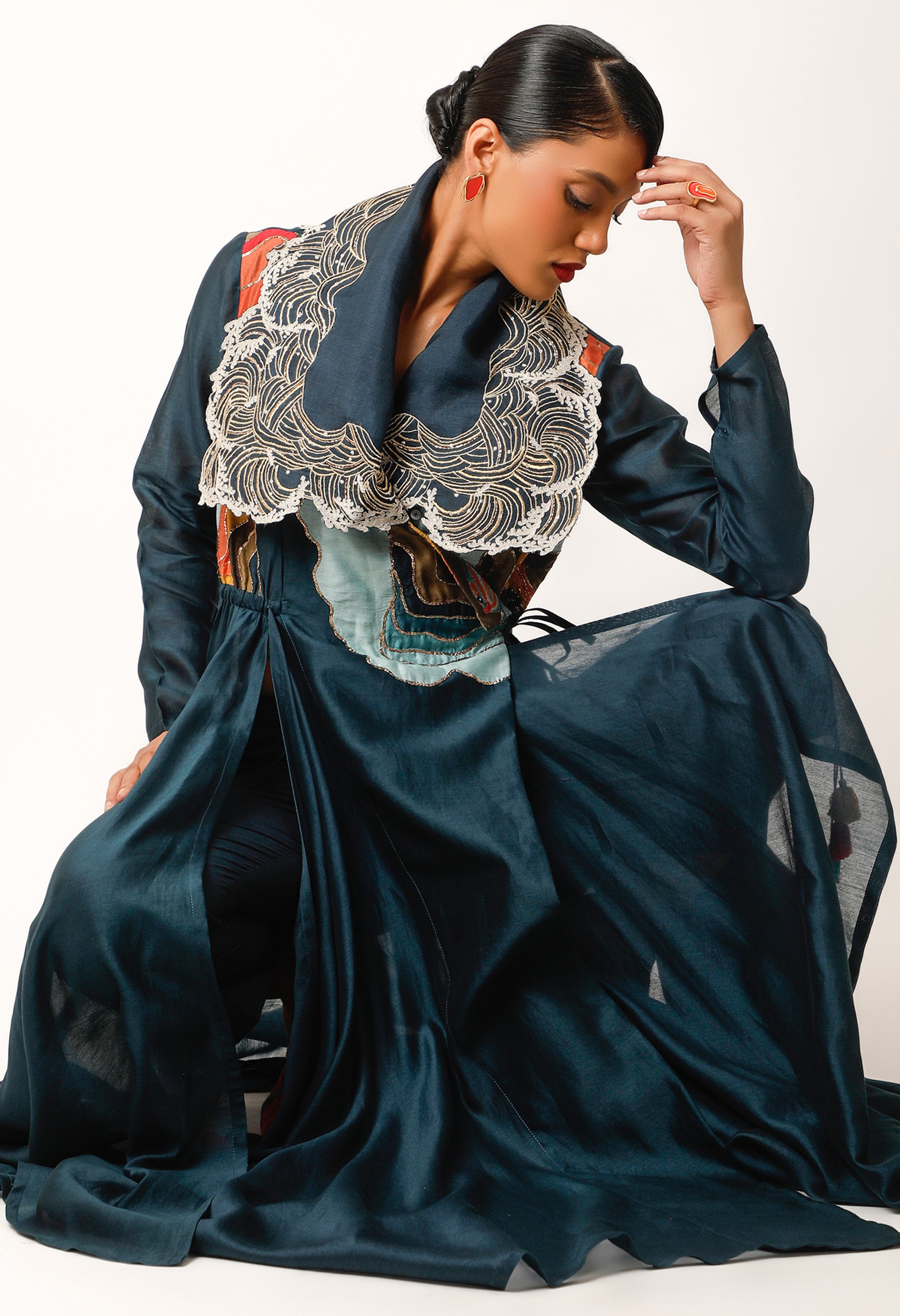 WAVES EMBROIDERED DRAPED COLLAR ANGRAKHA WITH PANTS