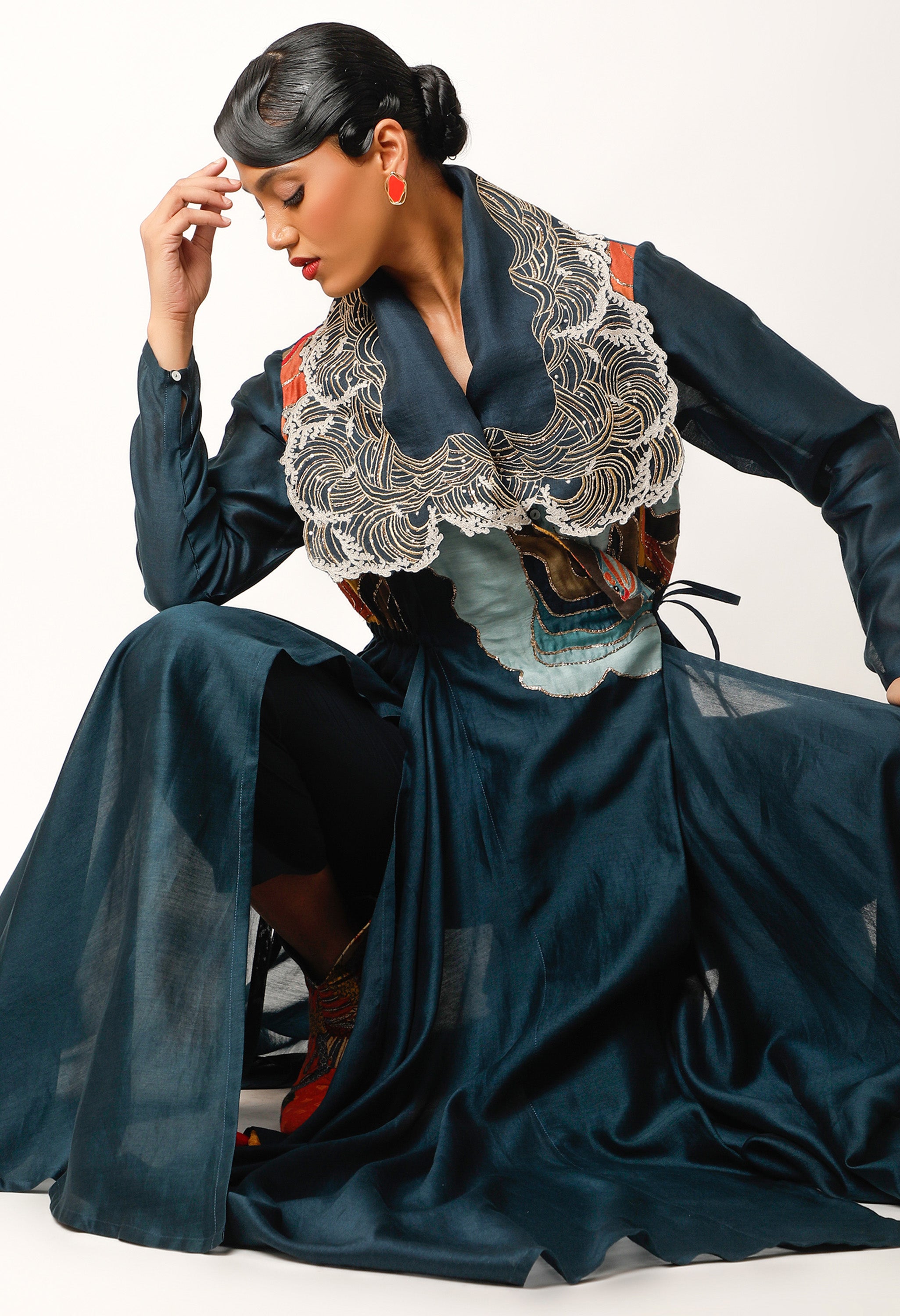 WAVES EMBROIDERED DRAPED COLLAR ANGRAKHA WITH PANTS