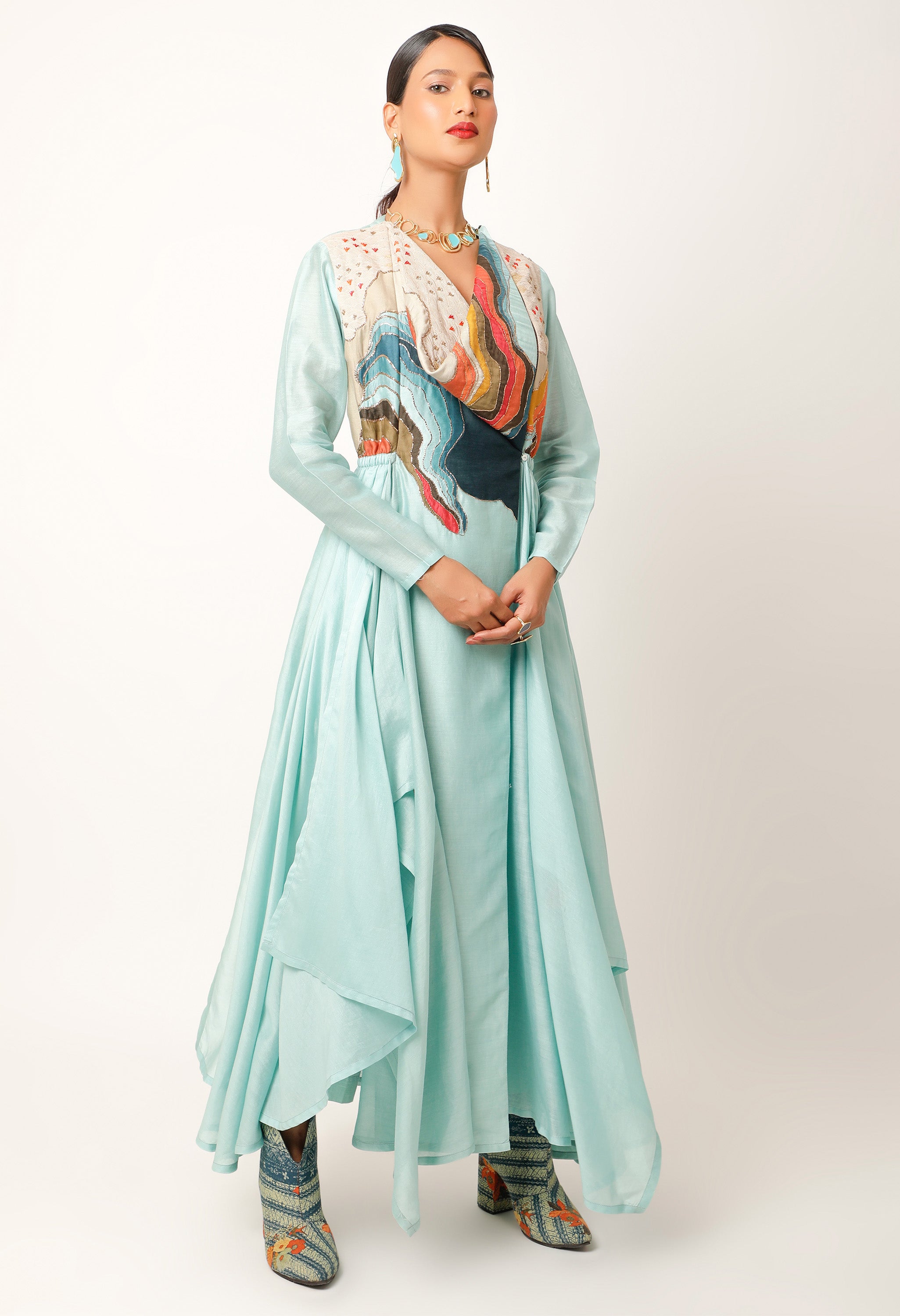 LANDSCAPE EMBROIDERED ZIPPERED ANGRAKHA WITH PANTS