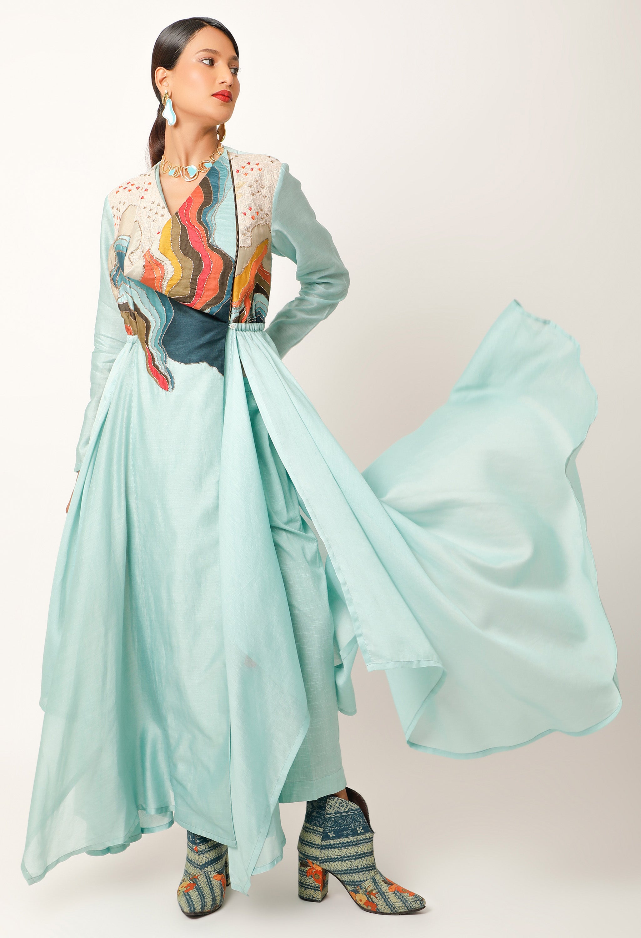 LANDSCAPE EMBROIDERED ZIPPERED ANGRAKHA WITH PANTS