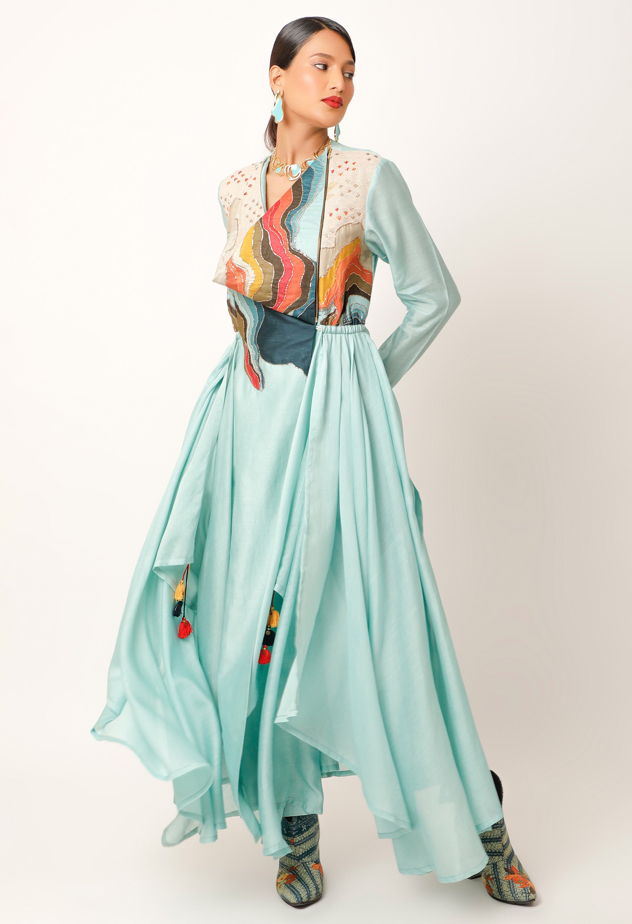 LANDSCAPE EMBROIDERED ZIPPERED ANGRAKHA WITH PANTS