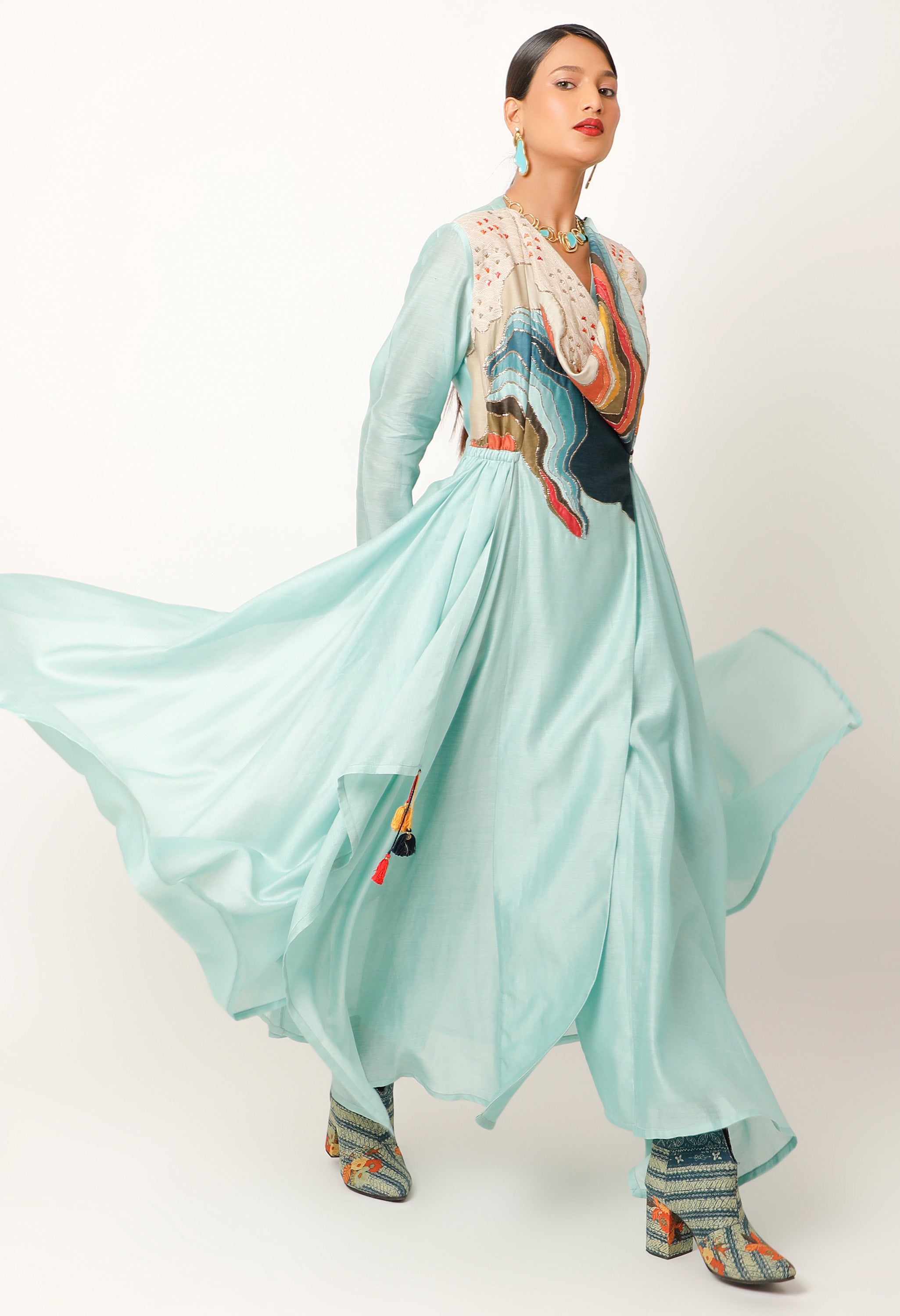 LANDSCAPE EMBROIDERED ZIPPERED ANGRAKHA WITH PANTS