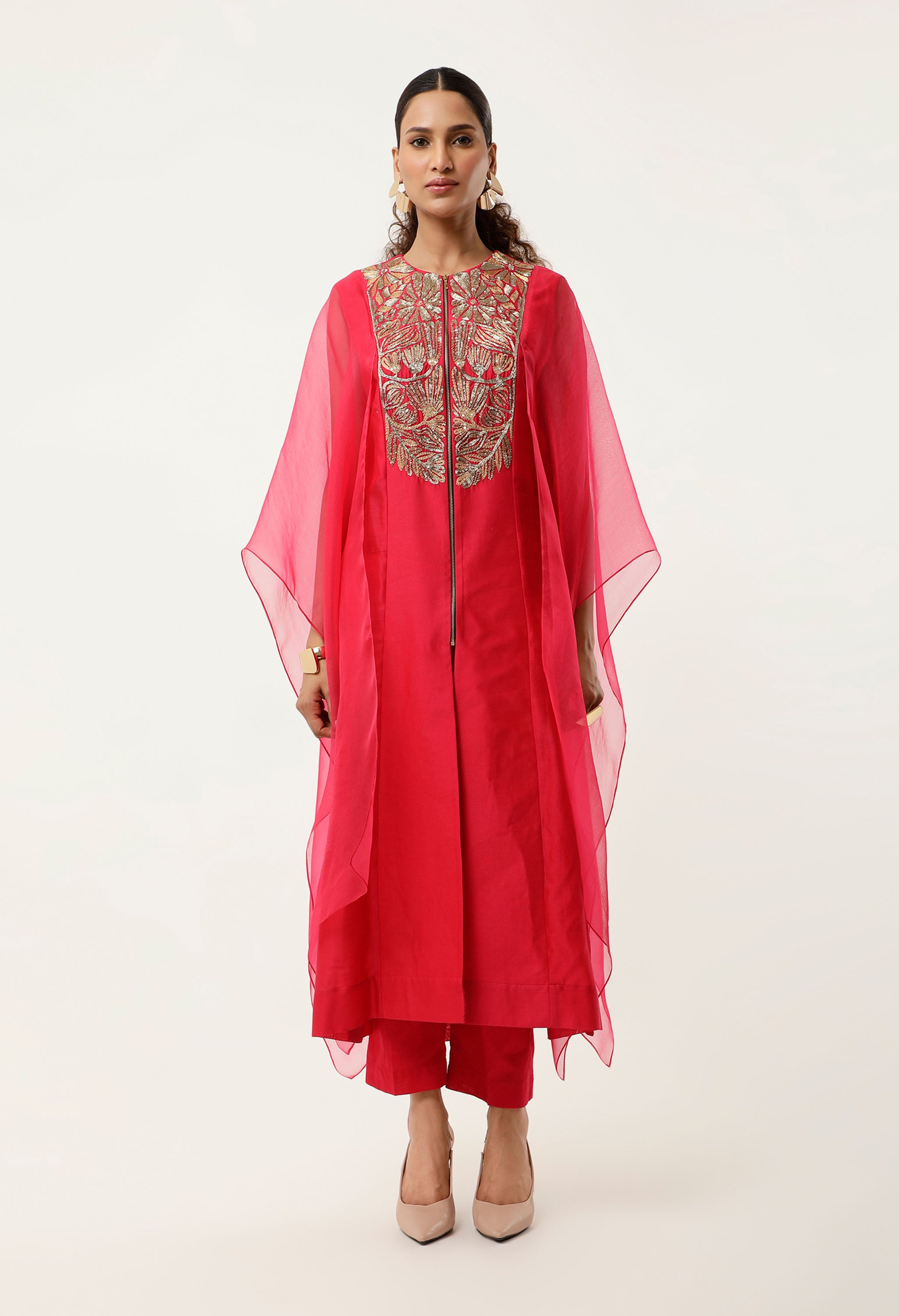 GOLD EMB YOKE CAPE KURTA WITH PANTS
