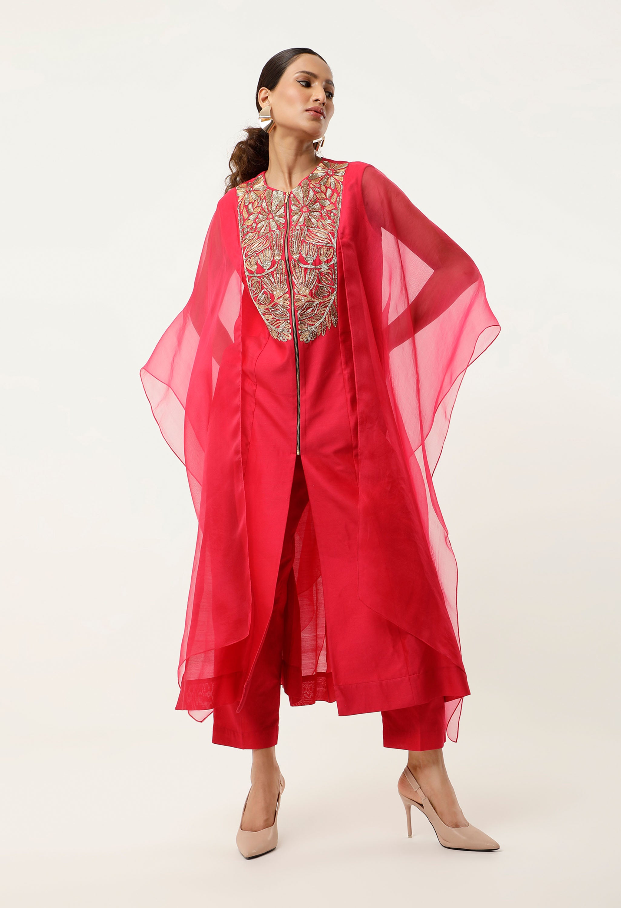 GOLD EMB YOKE CAPE KURTA WITH PANTS