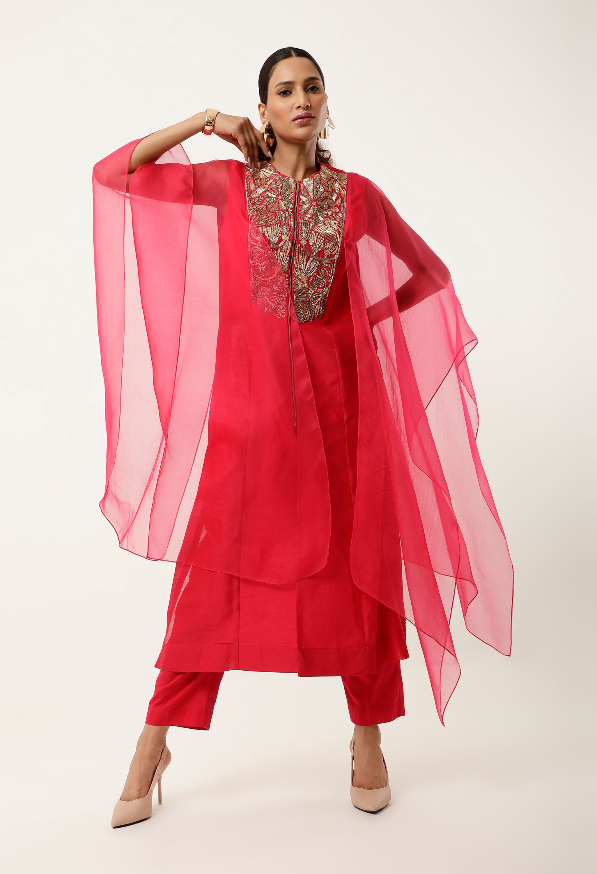 GOLD EMB YOKE CAPE KURTA WITH PANTS