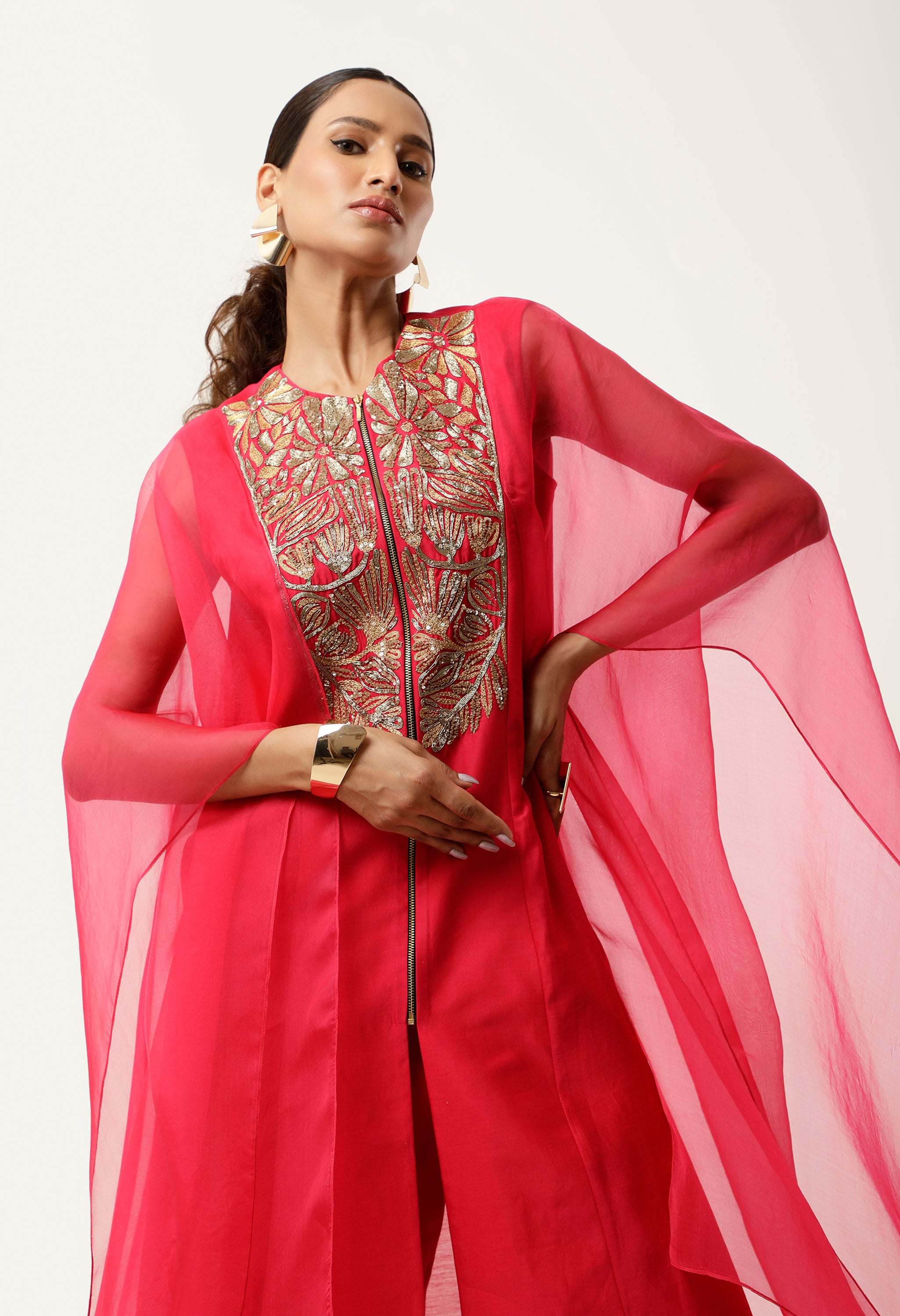 GOLD EMB YOKE CAPE KURTA WITH PANTS