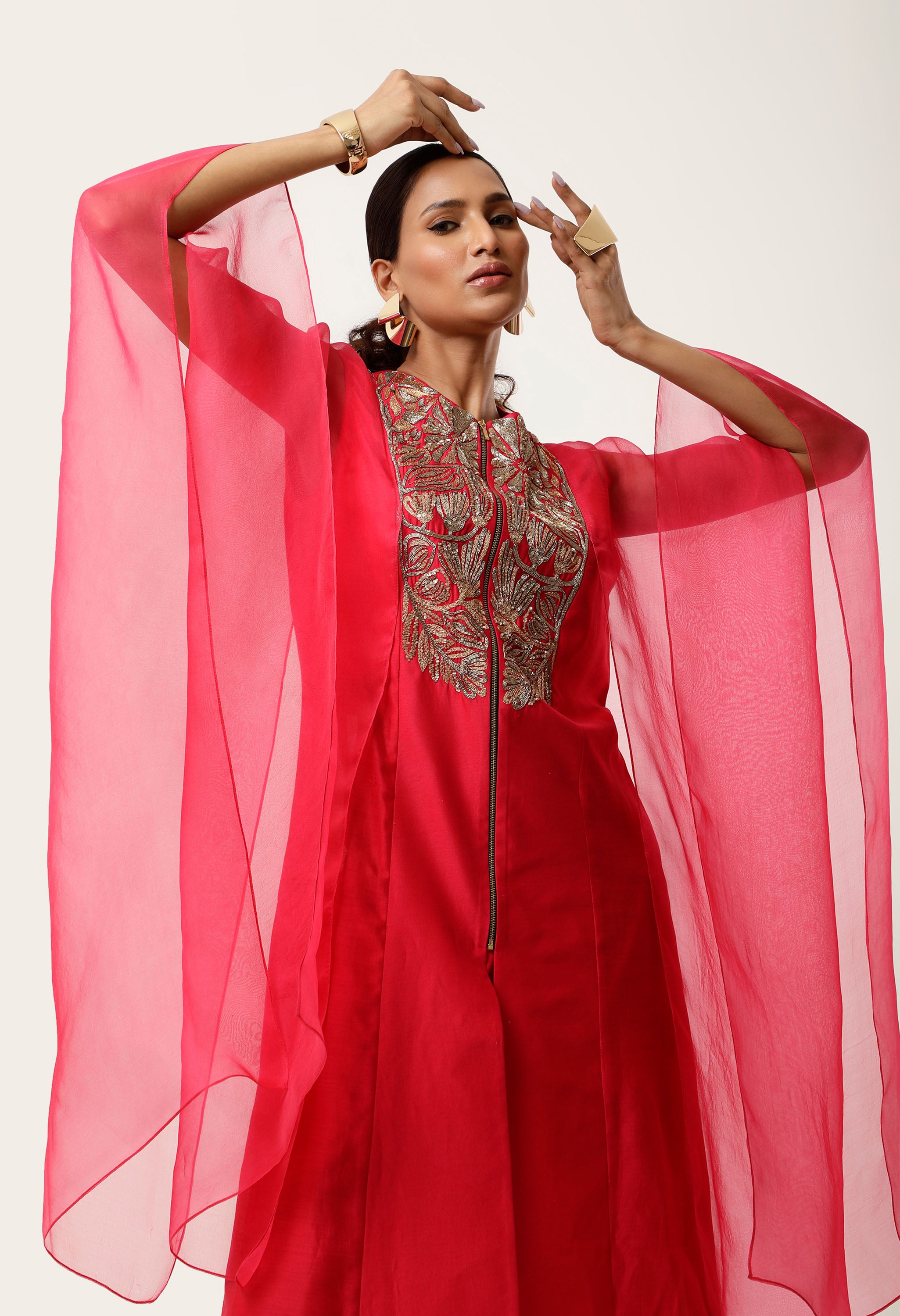 GOLD EMB YOKE CAPE KURTA WITH PANTS