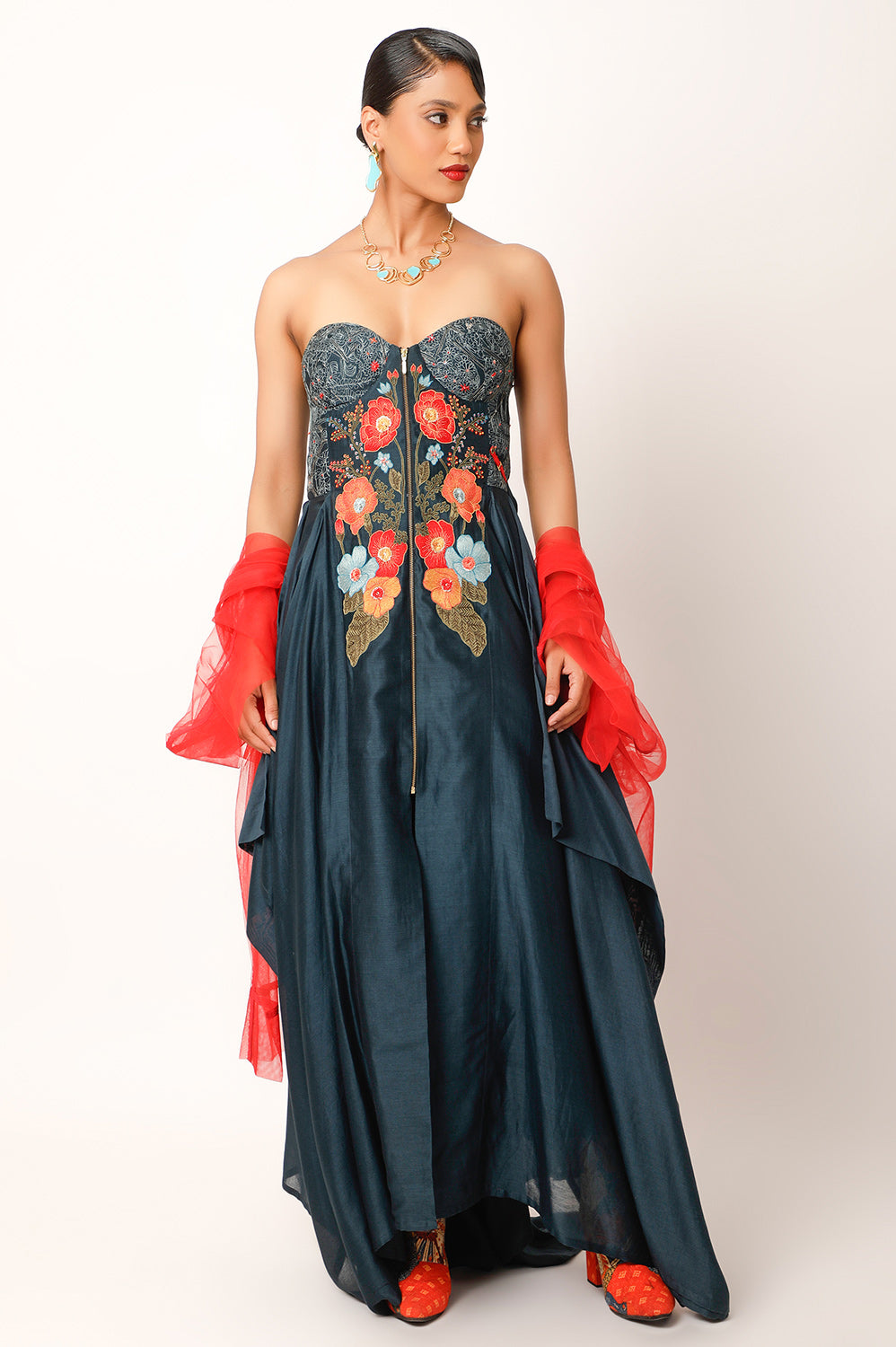 FOLIAGE EMB CORSET DRESS WITH RED NET KIMONO