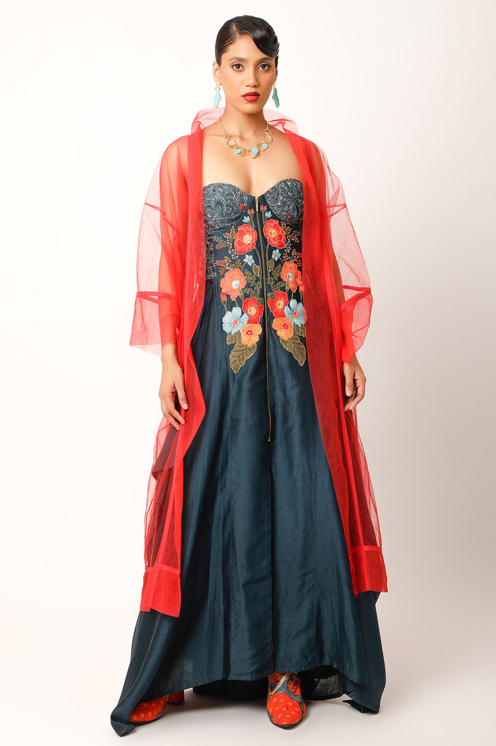 FOLIAGE EMB CORSET DRESS WITH RED NET KIMONO