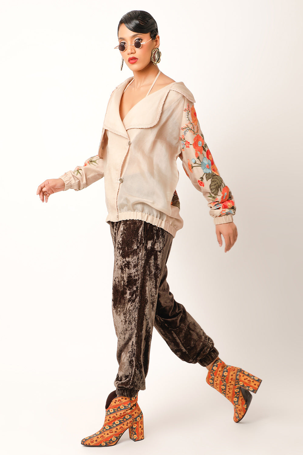 FOLIAGE EMBROIDERED TRENCH BOMBER JACKET