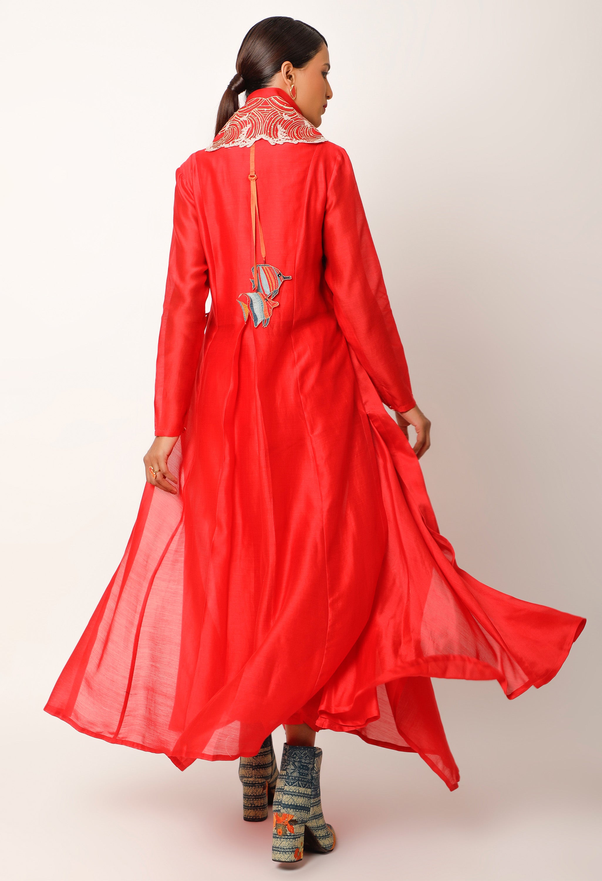 WAVES EMBROIDERED DRAPED COLLAR ANGRAKHA WITH PANTS