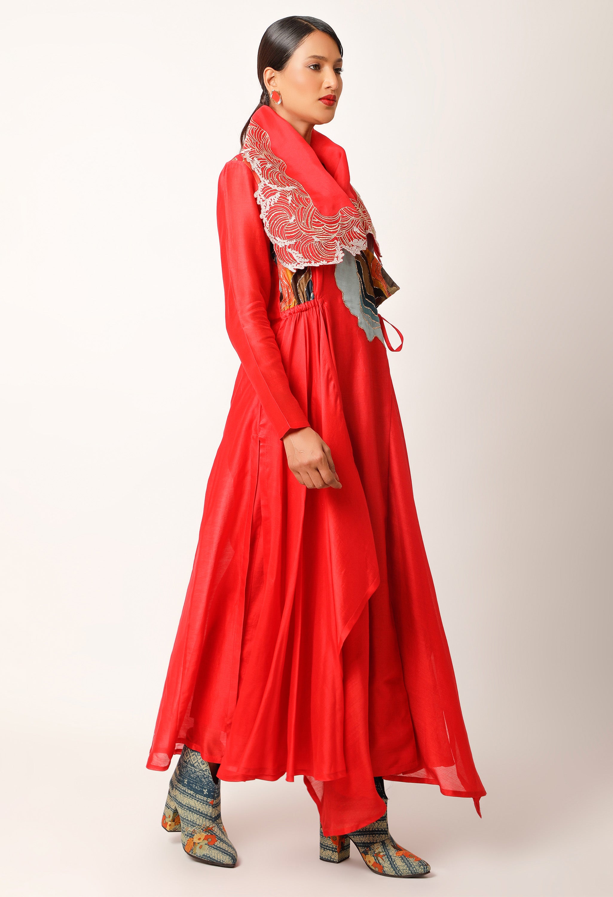 WAVES EMBROIDERED DRAPED COLLAR ANGRAKHA WITH PANTS