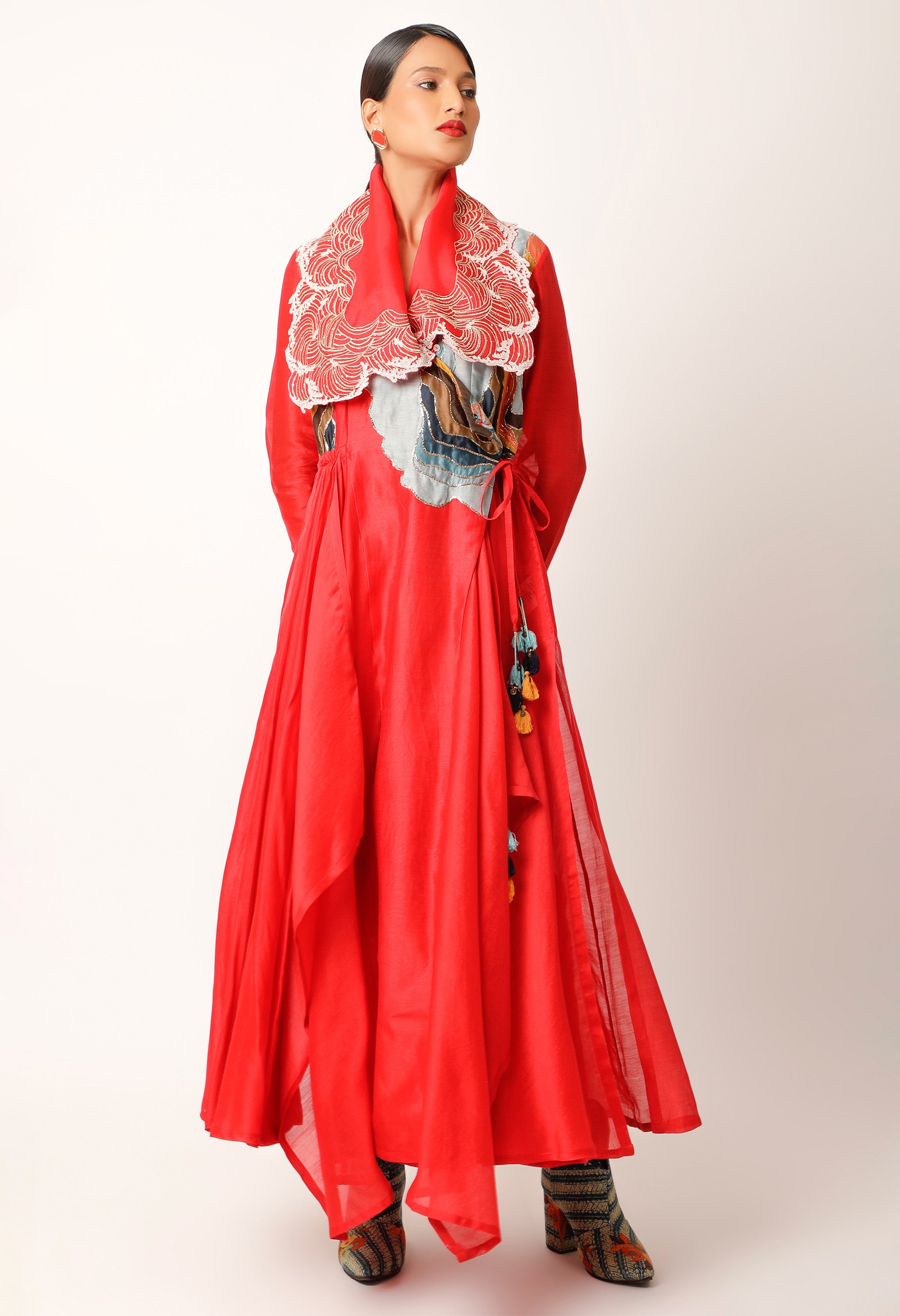 WAVES EMBROIDERED DRAPED COLLAR ANGRAKHA WITH PANTS