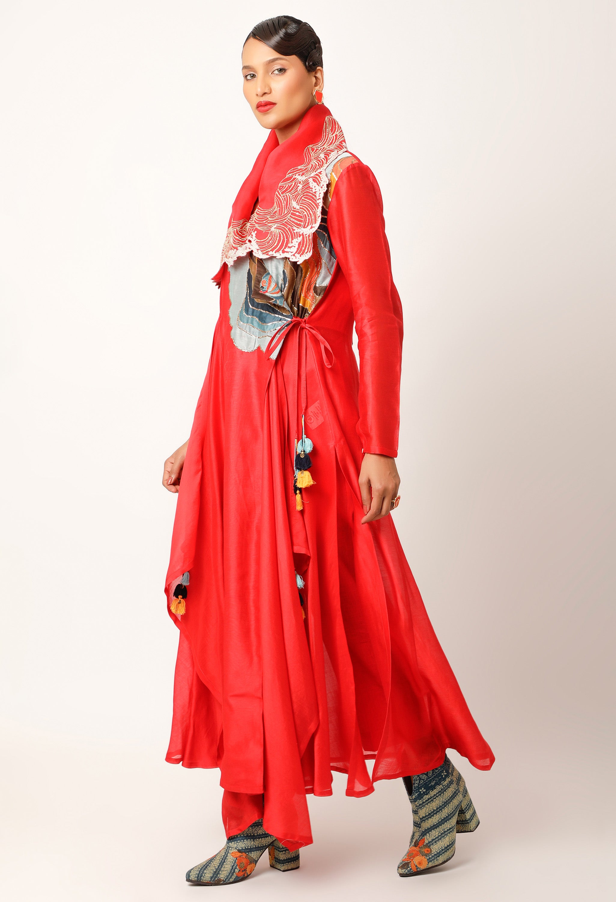 WAVES EMBROIDERED DRAPED COLLAR ANGRAKHA WITH PANTS