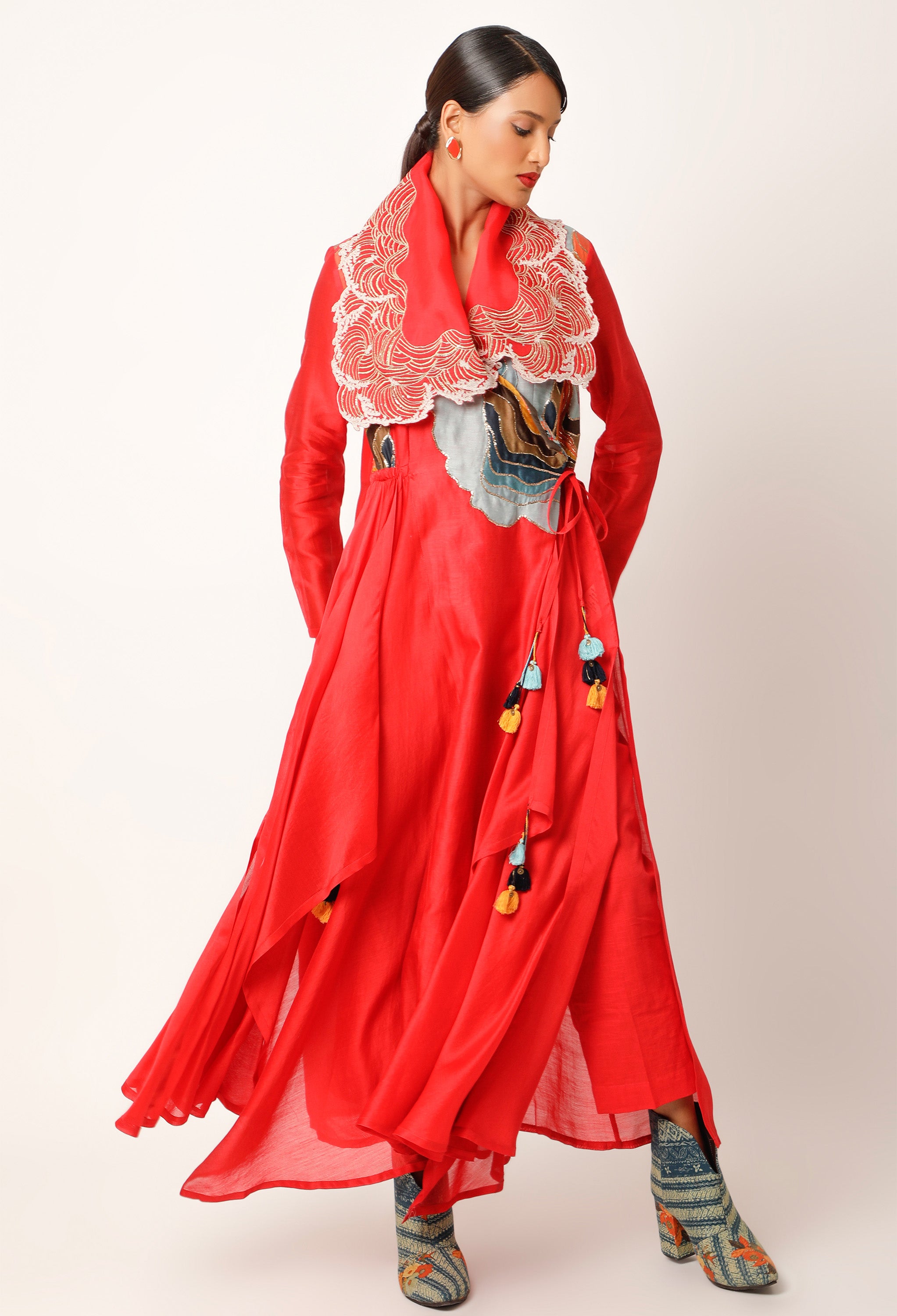 WAVES EMBROIDERED DRAPED COLLAR ANGRAKHA WITH PANTS