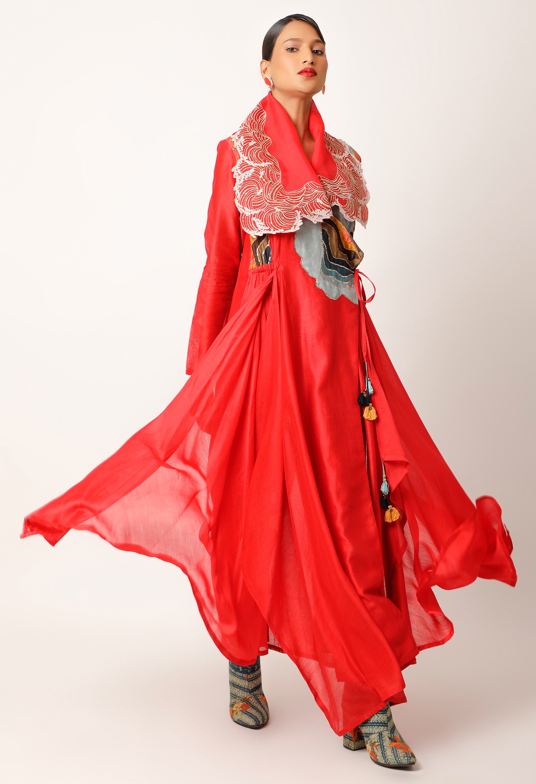 WAVES EMBROIDERED DRAPED COLLAR ANGRAKHA WITH PANTS