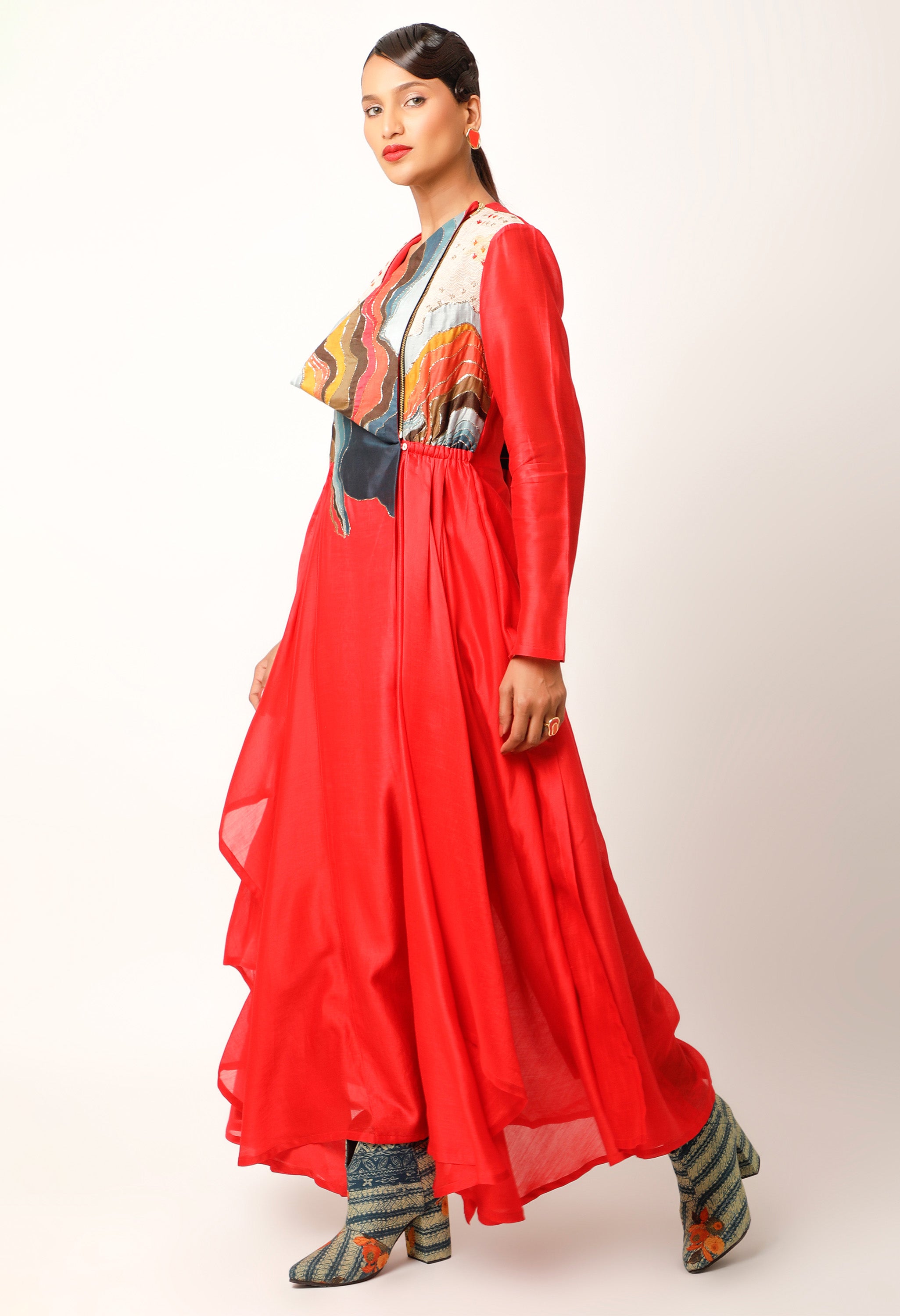 LANDSCAPE EMBROIDERED ZIPPERED ANGRAKHA WITH PANTS