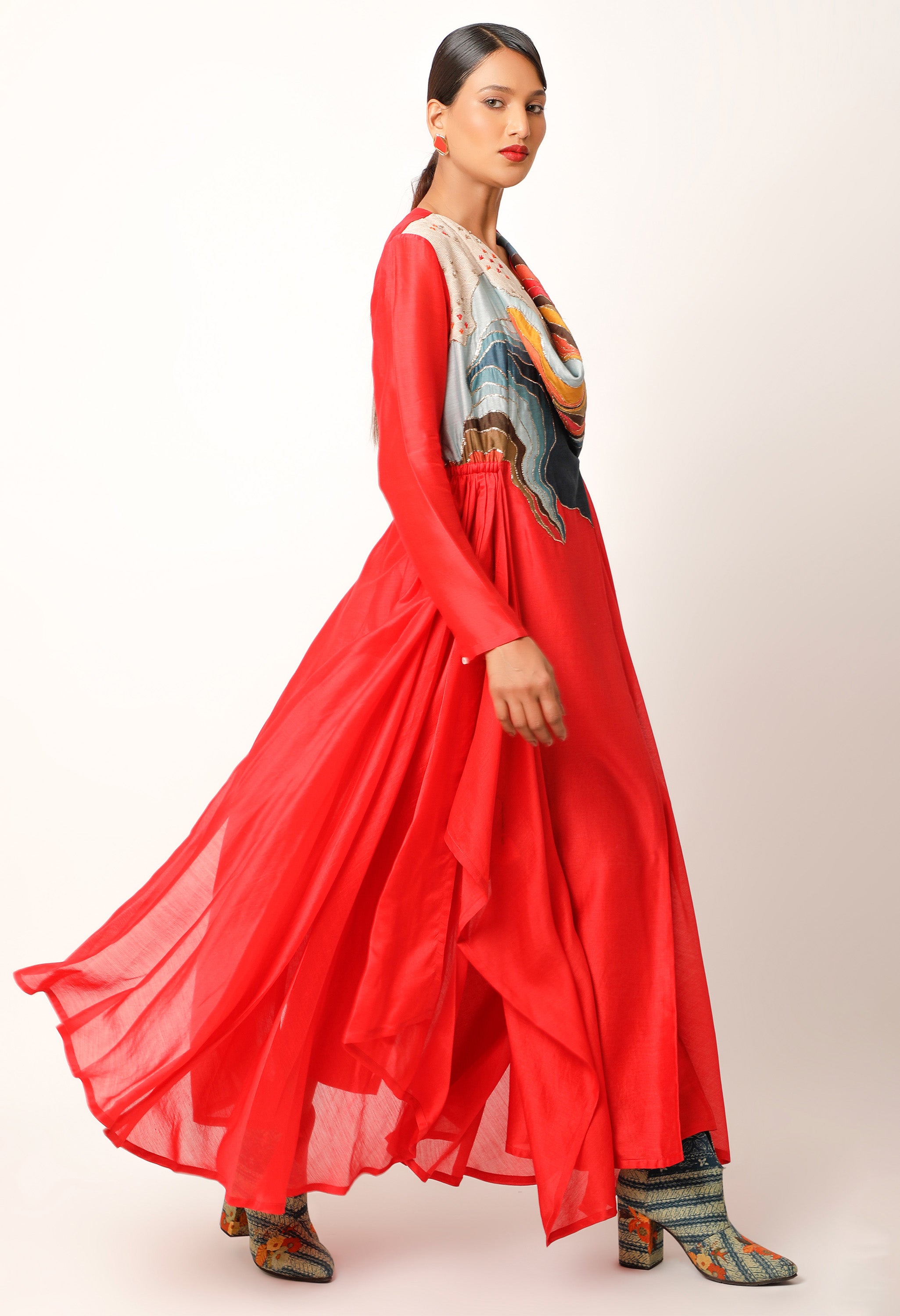 LANDSCAPE EMBROIDERED ZIPPERED ANGRAKHA WITH PANTS