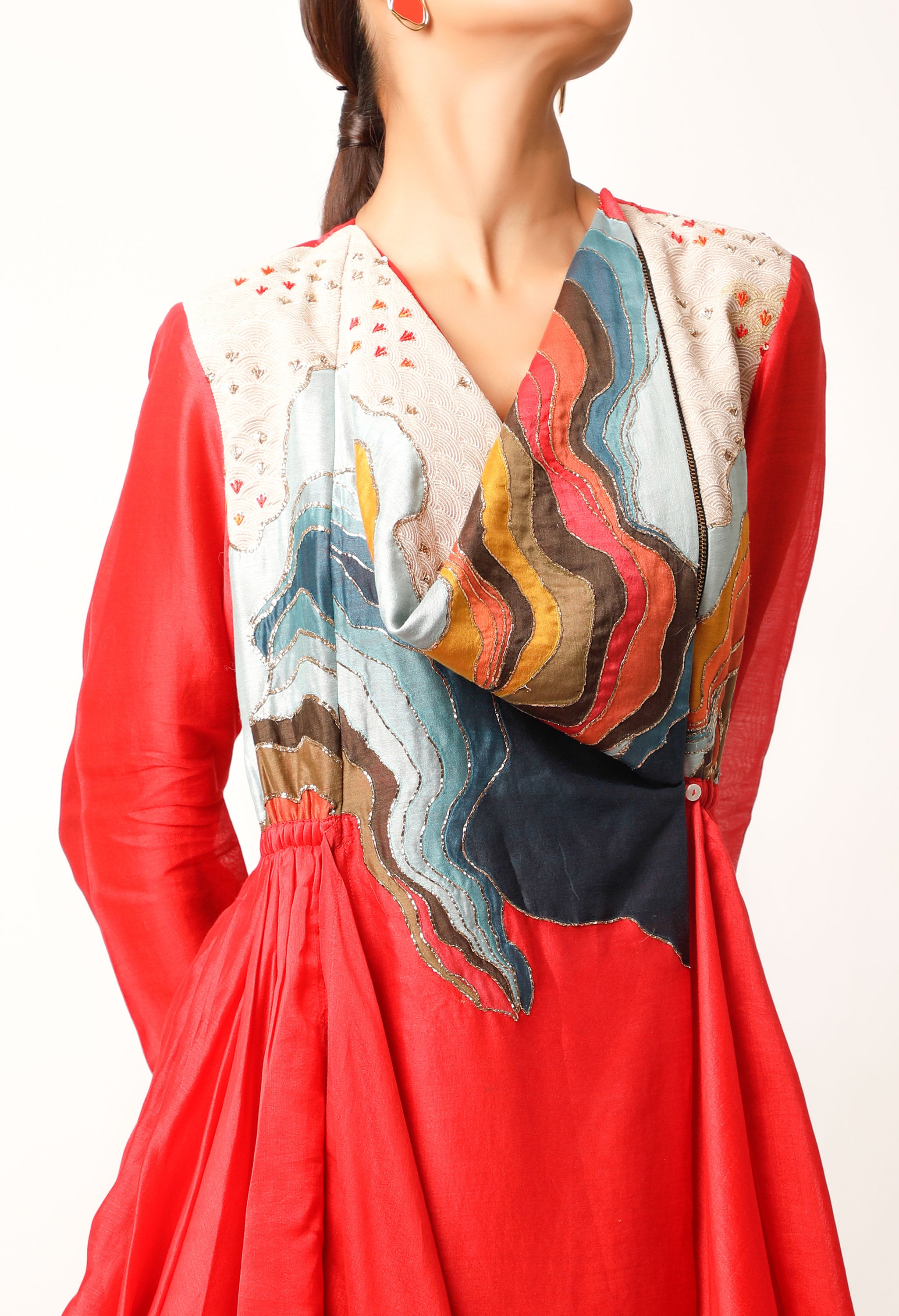 LANDSCAPE EMBROIDERED ZIPPERED ANGRAKHA WITH PANTS