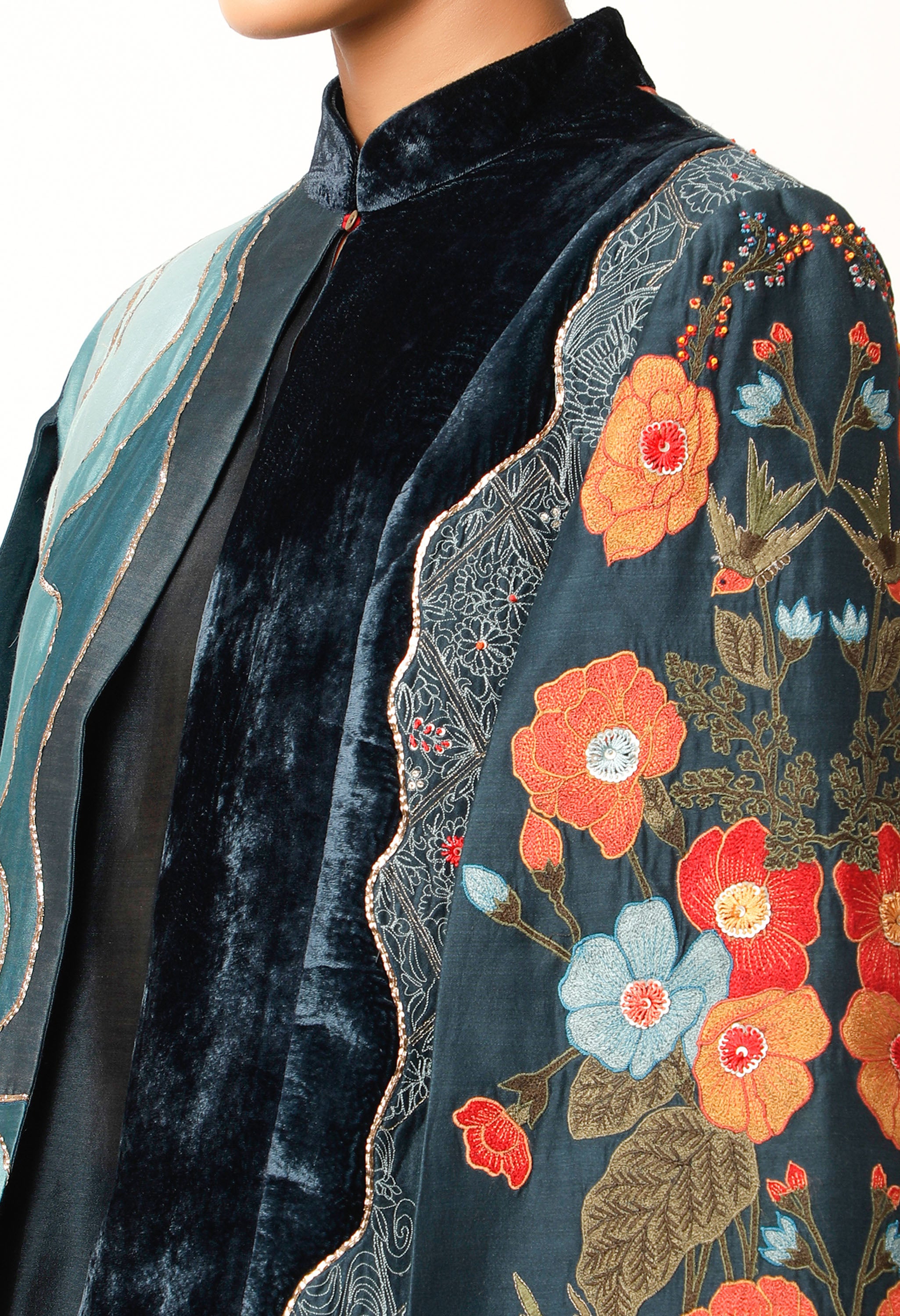 FOLIAGE EMB CAPE WITH ASSYMTRICAL KALIDAR