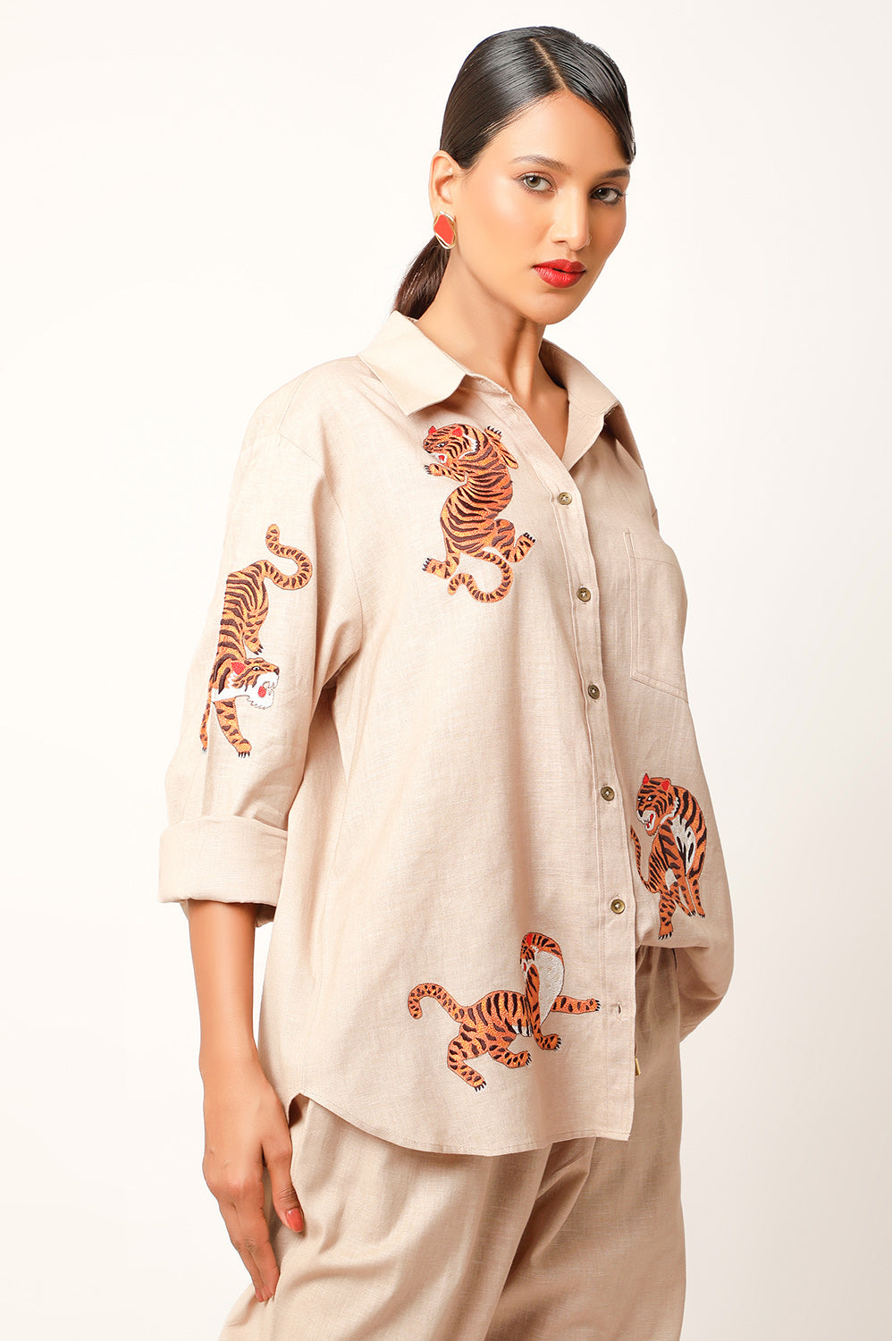 TIGER EMBROIDERED LINEN CO ORD