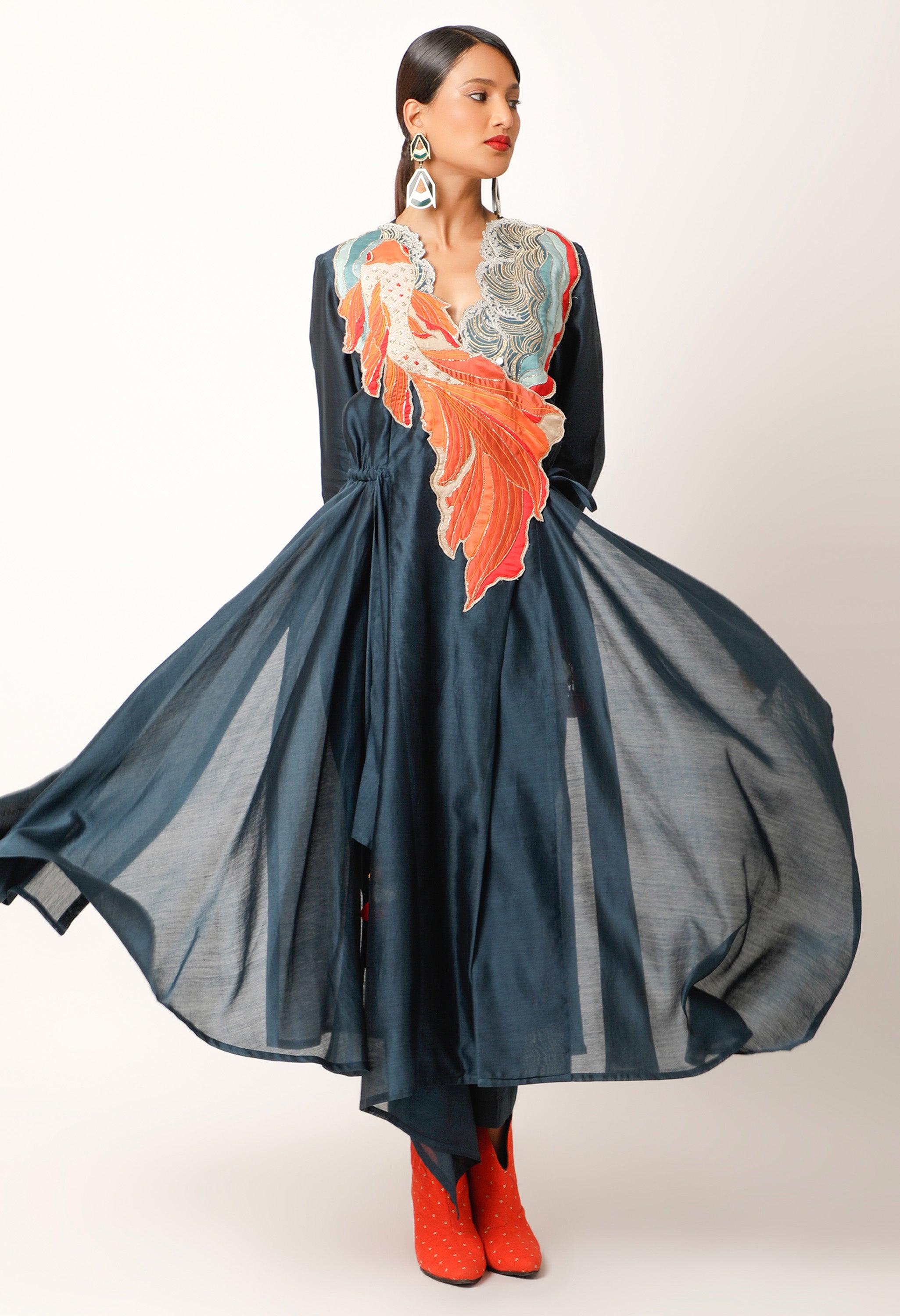 KOI FISH EMBROIDERED ANGRAKHA WITH PANTS