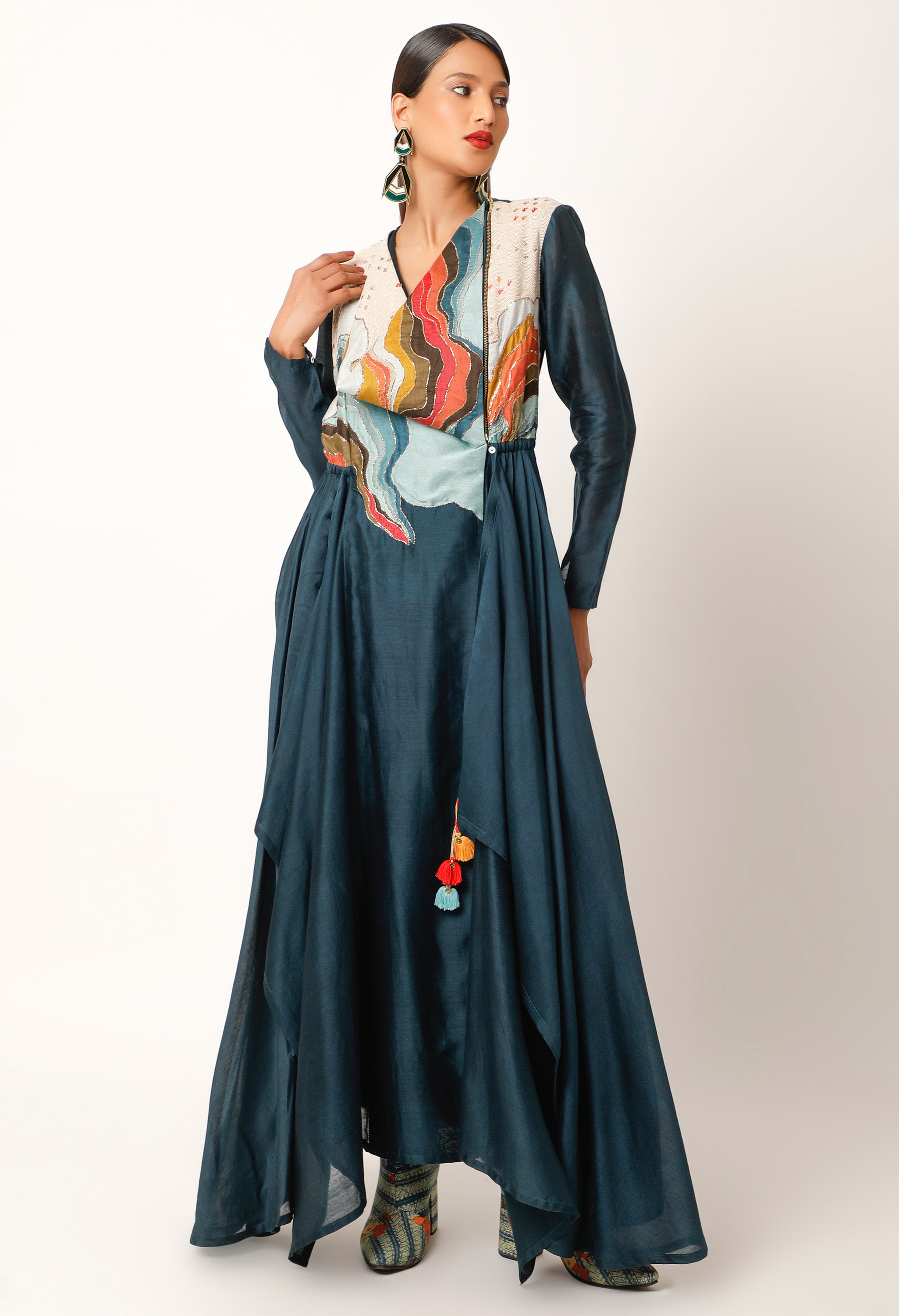 LANDSCAPE EMBROIDERED ZIPPERED ANGRAKHA WITH PANTS