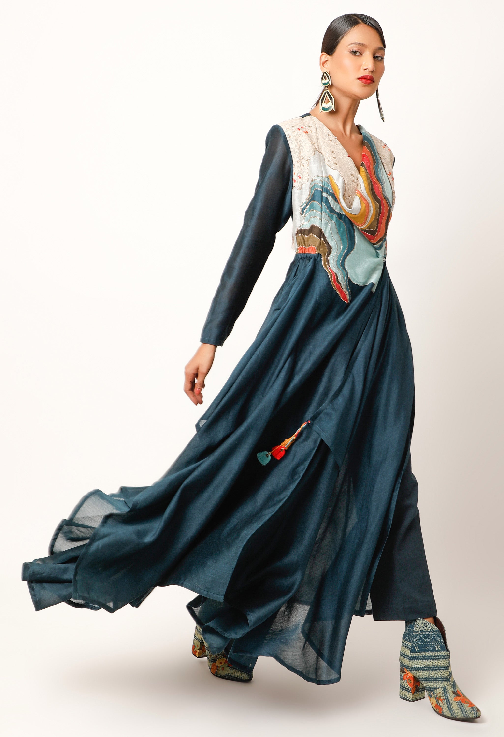 LANDSCAPE EMBROIDERED ZIPPERED ANGRAKHA WITH PANTS