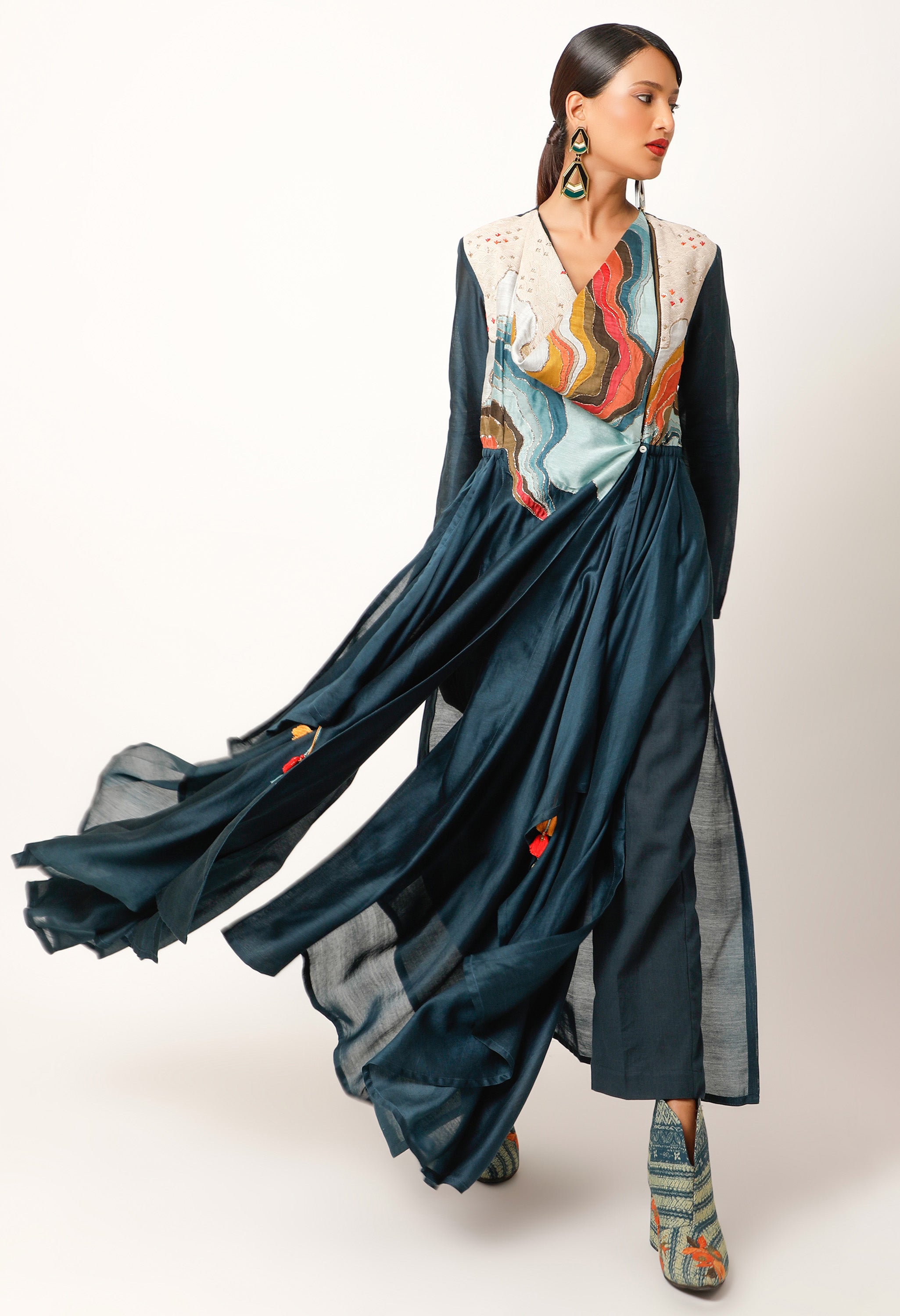 LANDSCAPE EMBROIDERED ZIPPERED ANGRAKHA WITH PANTS