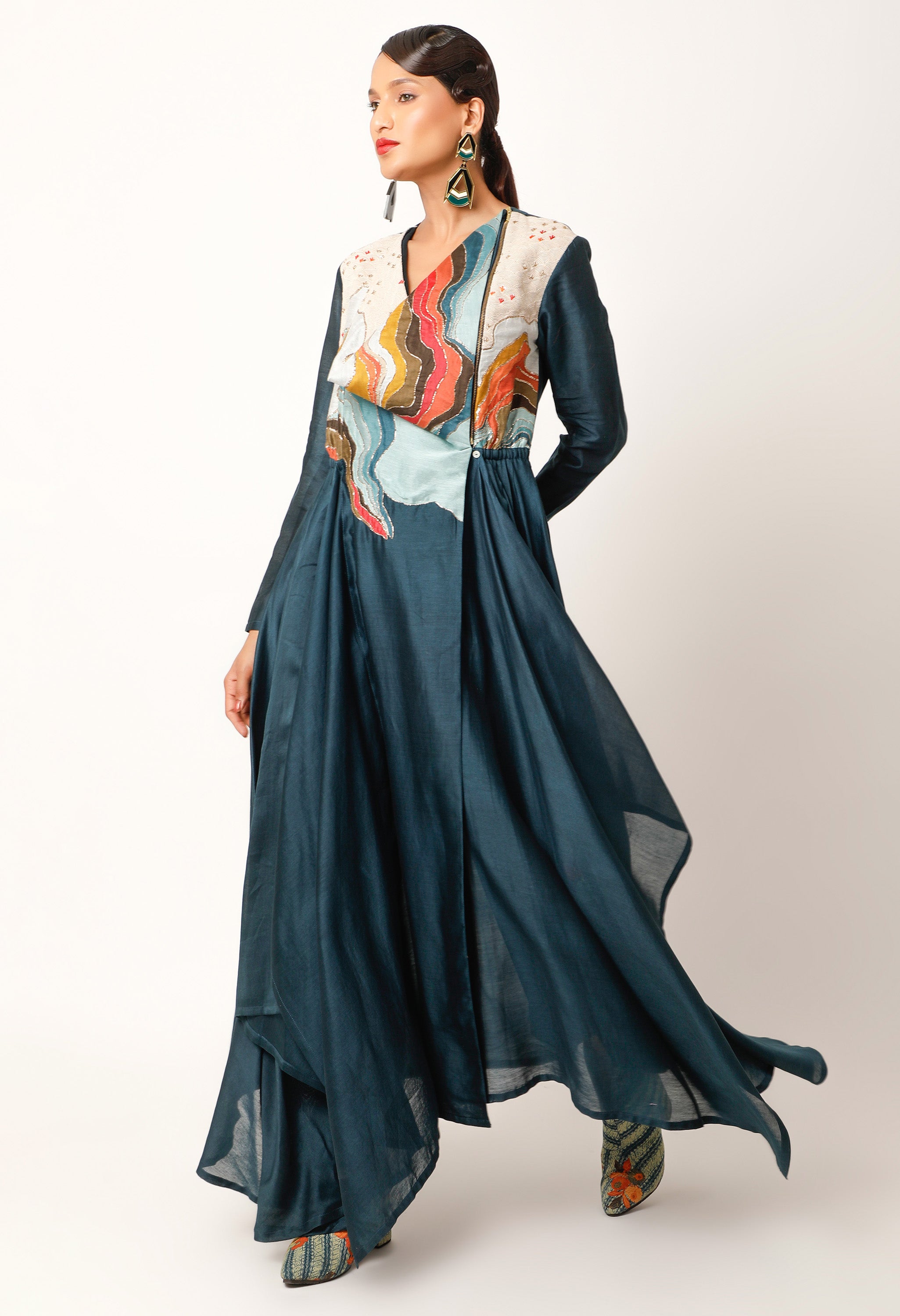 LANDSCAPE EMBROIDERED ZIPPERED ANGRAKHA WITH PANTS