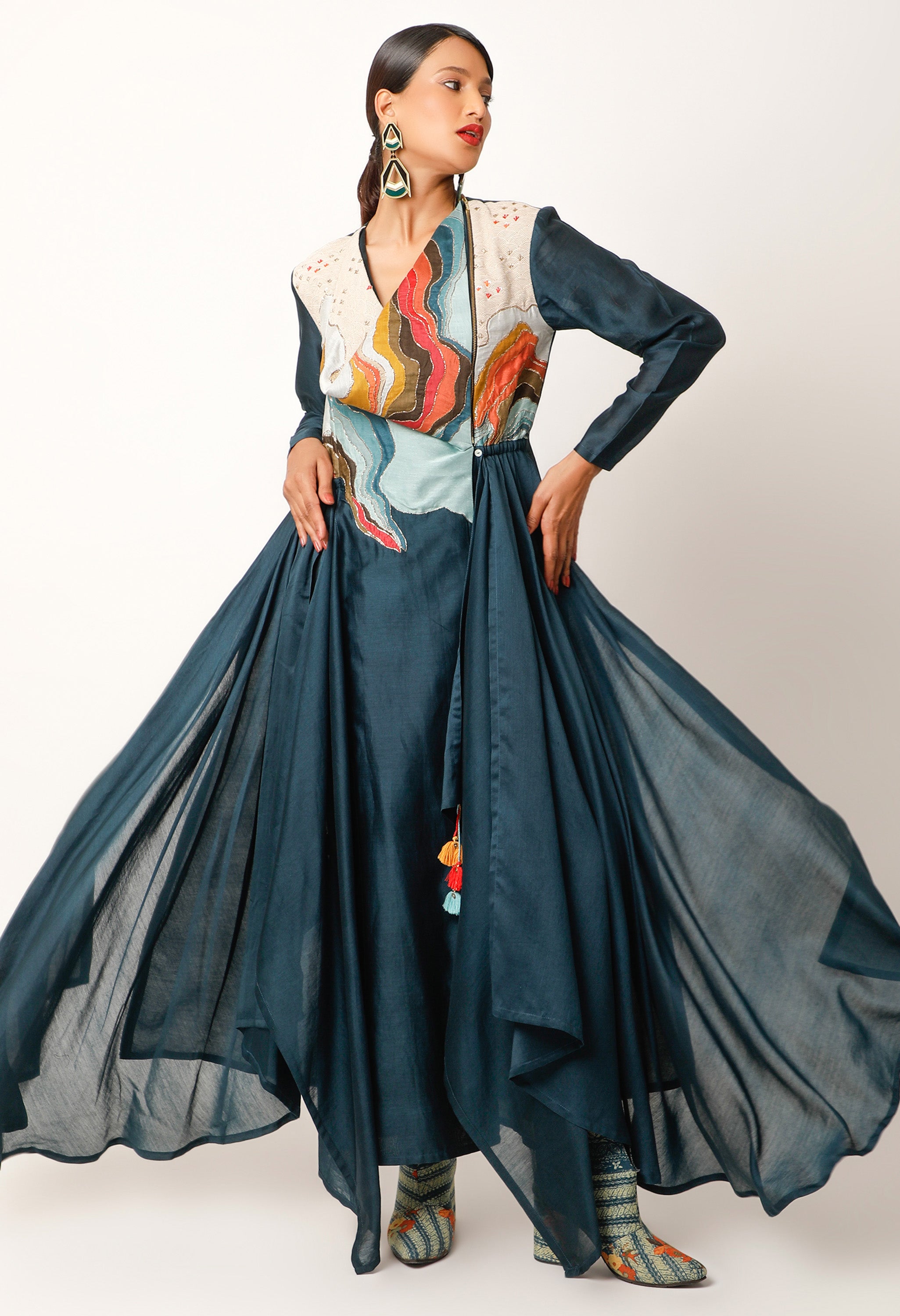 LANDSCAPE EMBROIDERED ZIPPERED ANGRAKHA WITH PANTS