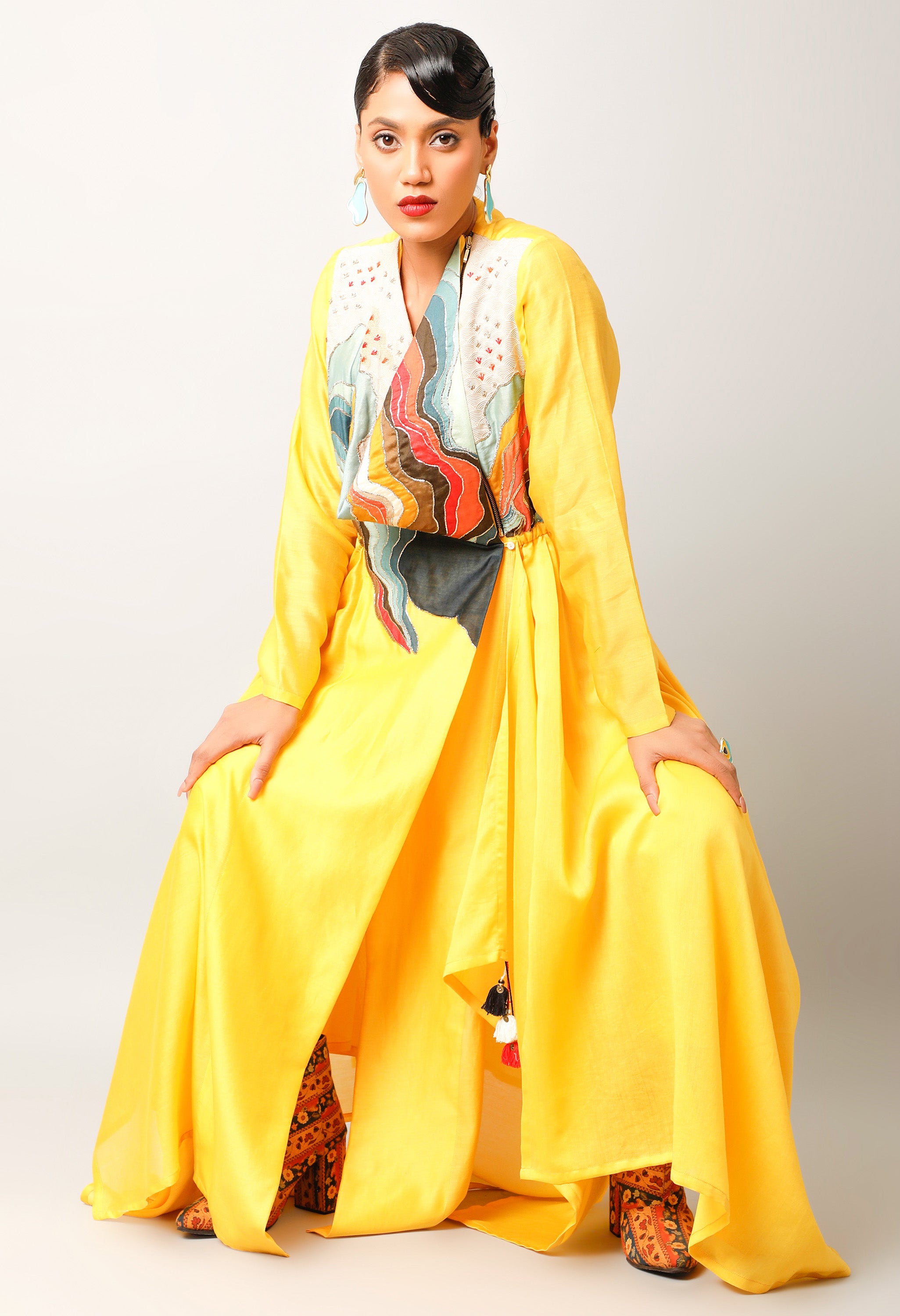 LANDSCAPE EMBROIDERED ZIPPERED ANGRAKHA WITH PANTS