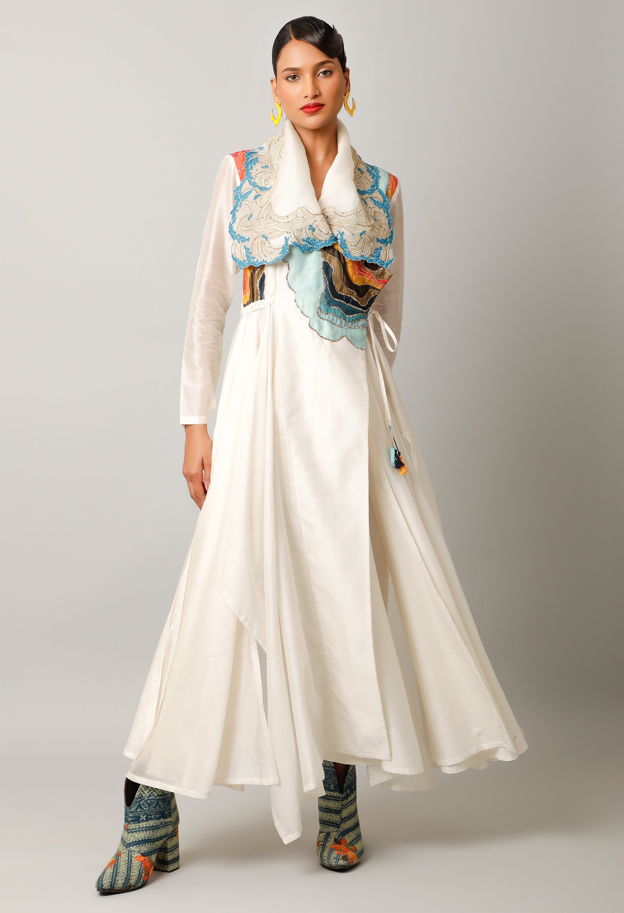 WAVES EMBROIDERED DRAPED COLLAR ANGRAKHA WITH PANTS