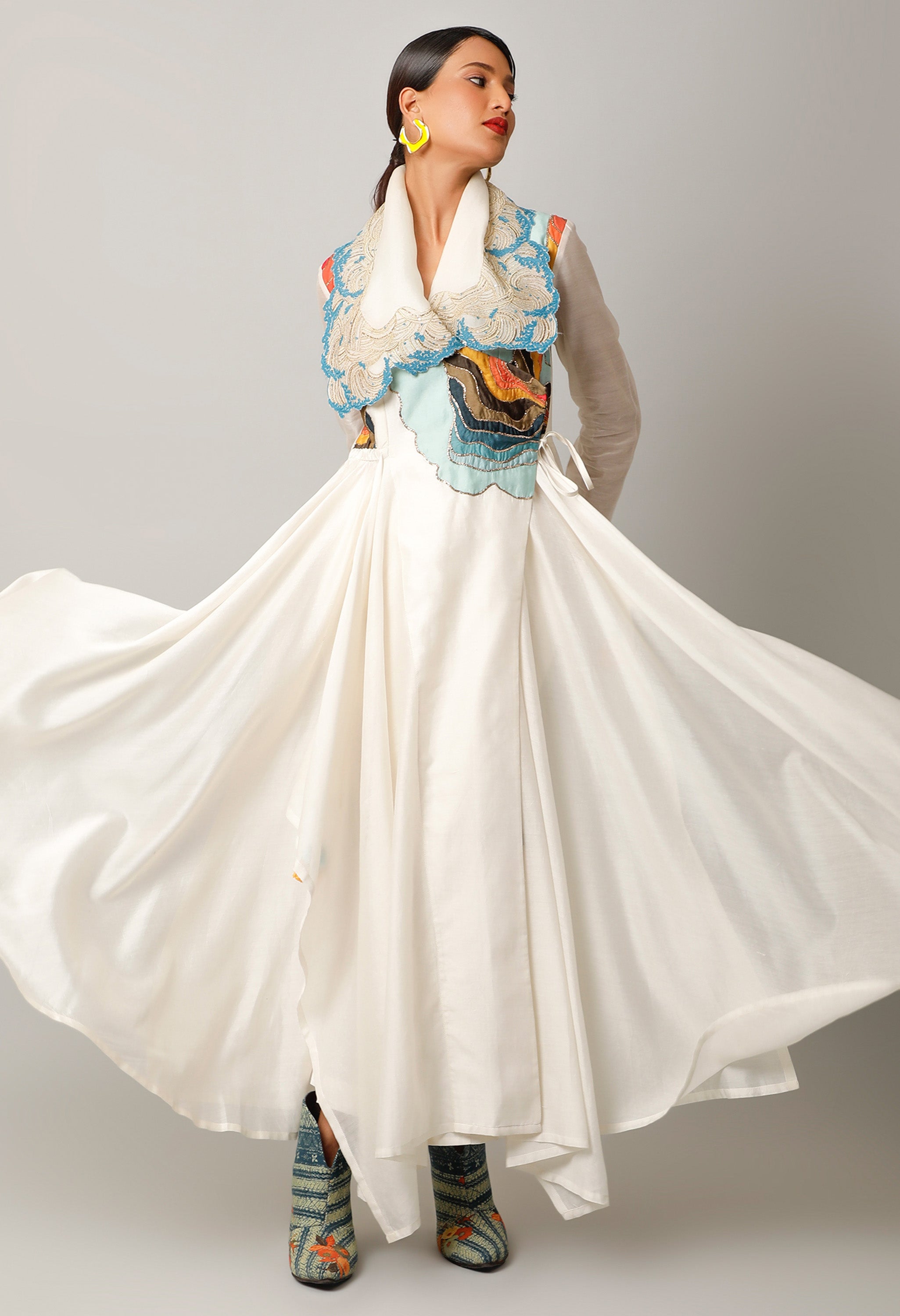 WAVES EMBROIDERED DRAPED COLLAR ANGRAKHA WITH PANTS