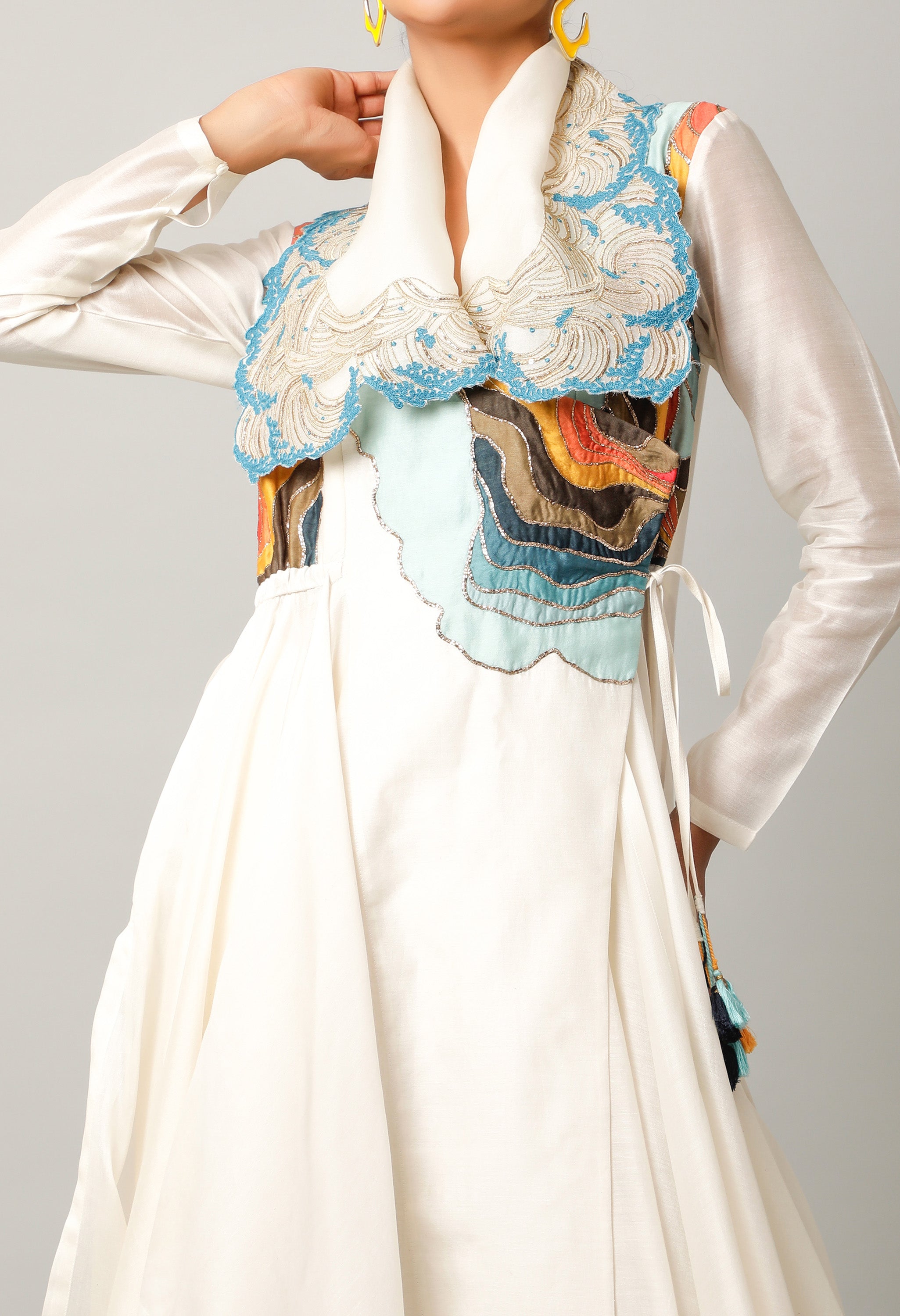 WAVES EMBROIDERED DRAPED COLLAR ANGRAKHA WITH PANTS