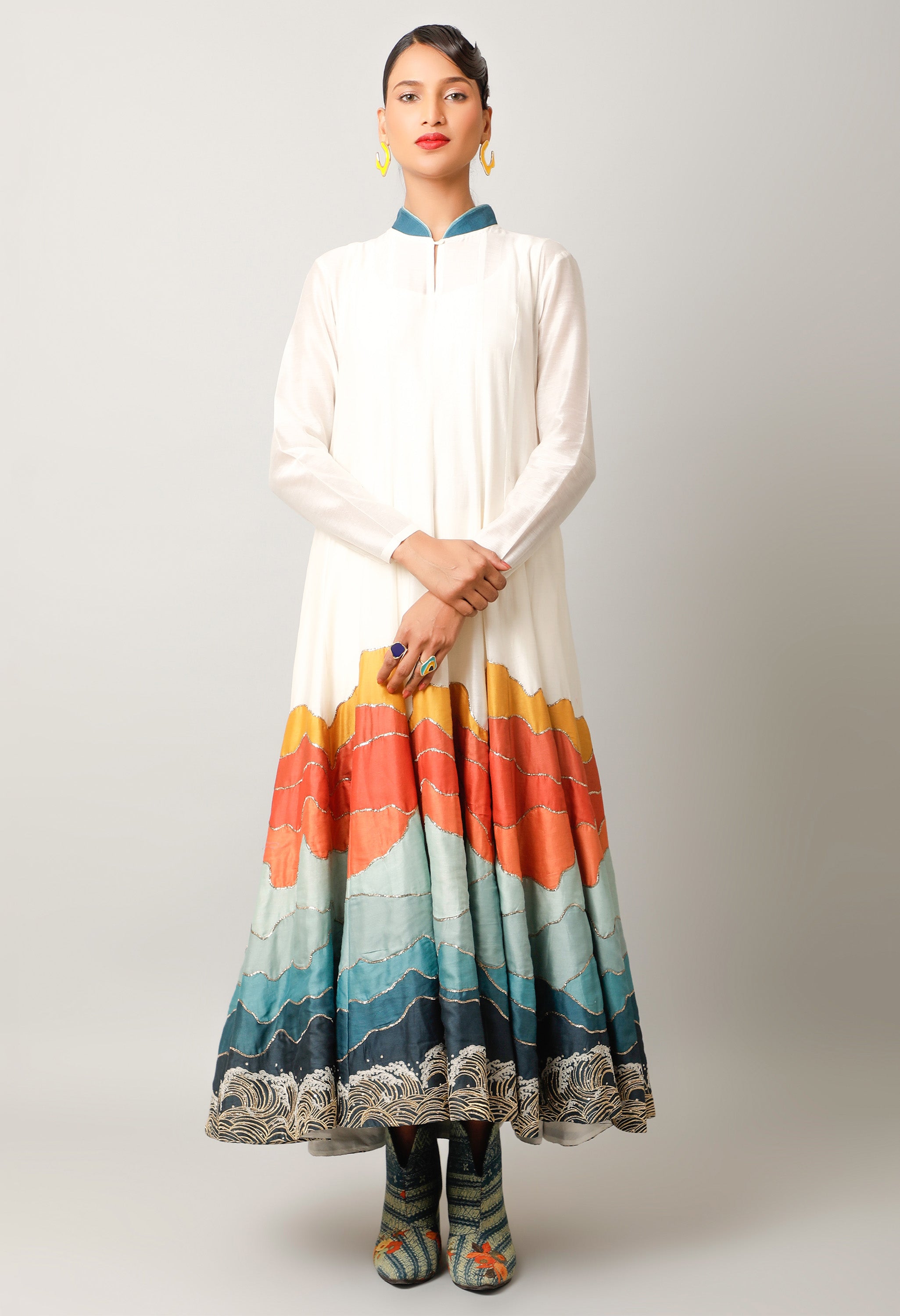 LANDSCAPE EMBROIDERED ZIPPERED ANGRAKHA WITH PANTS