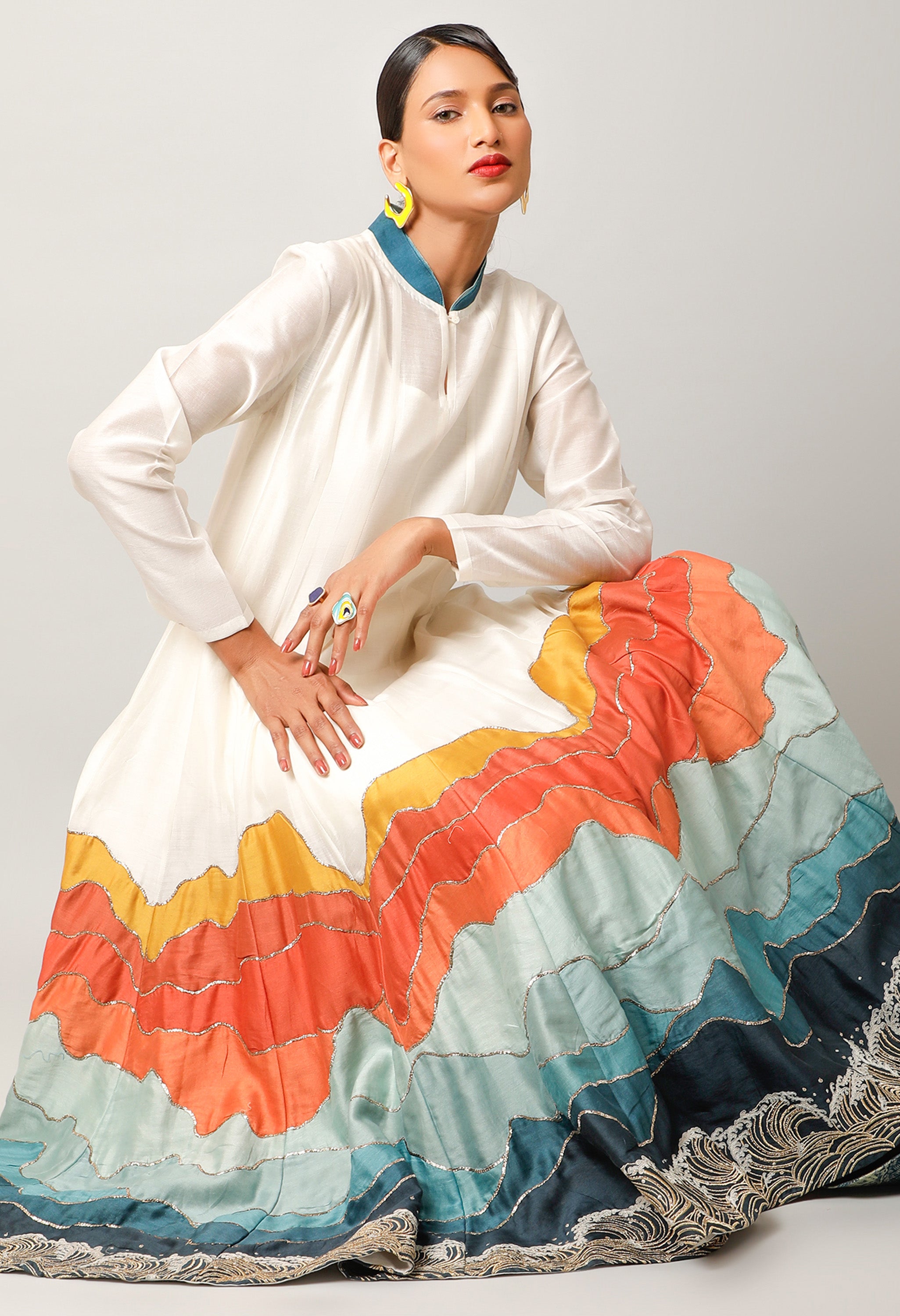 LANDSCAPE EMBROIDERED ZIPPERED ANGRAKHA WITH PANTS