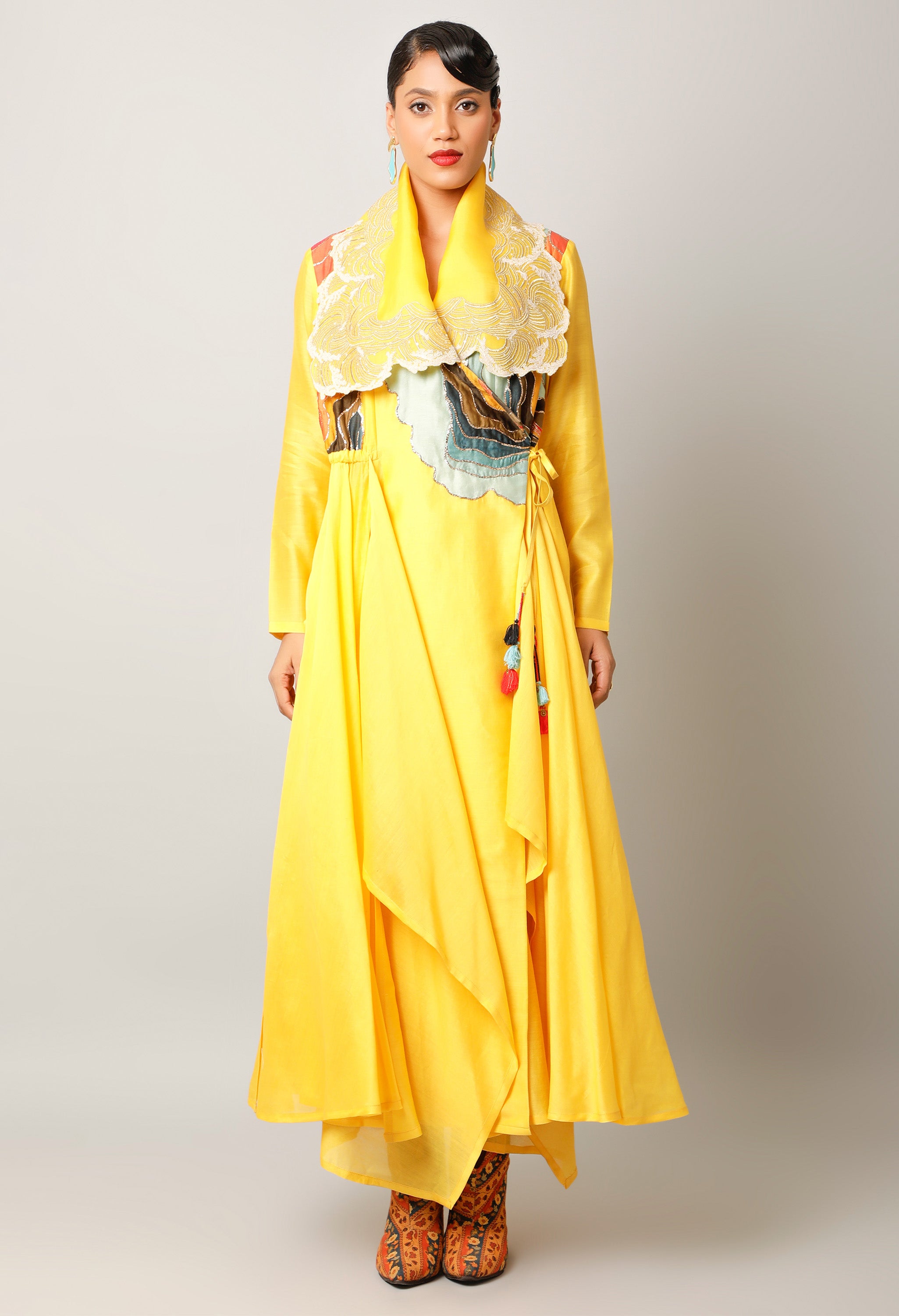 WAVES EMBROIDERED DRAPED COLLAR ANGRAKHA WITH PANTS
