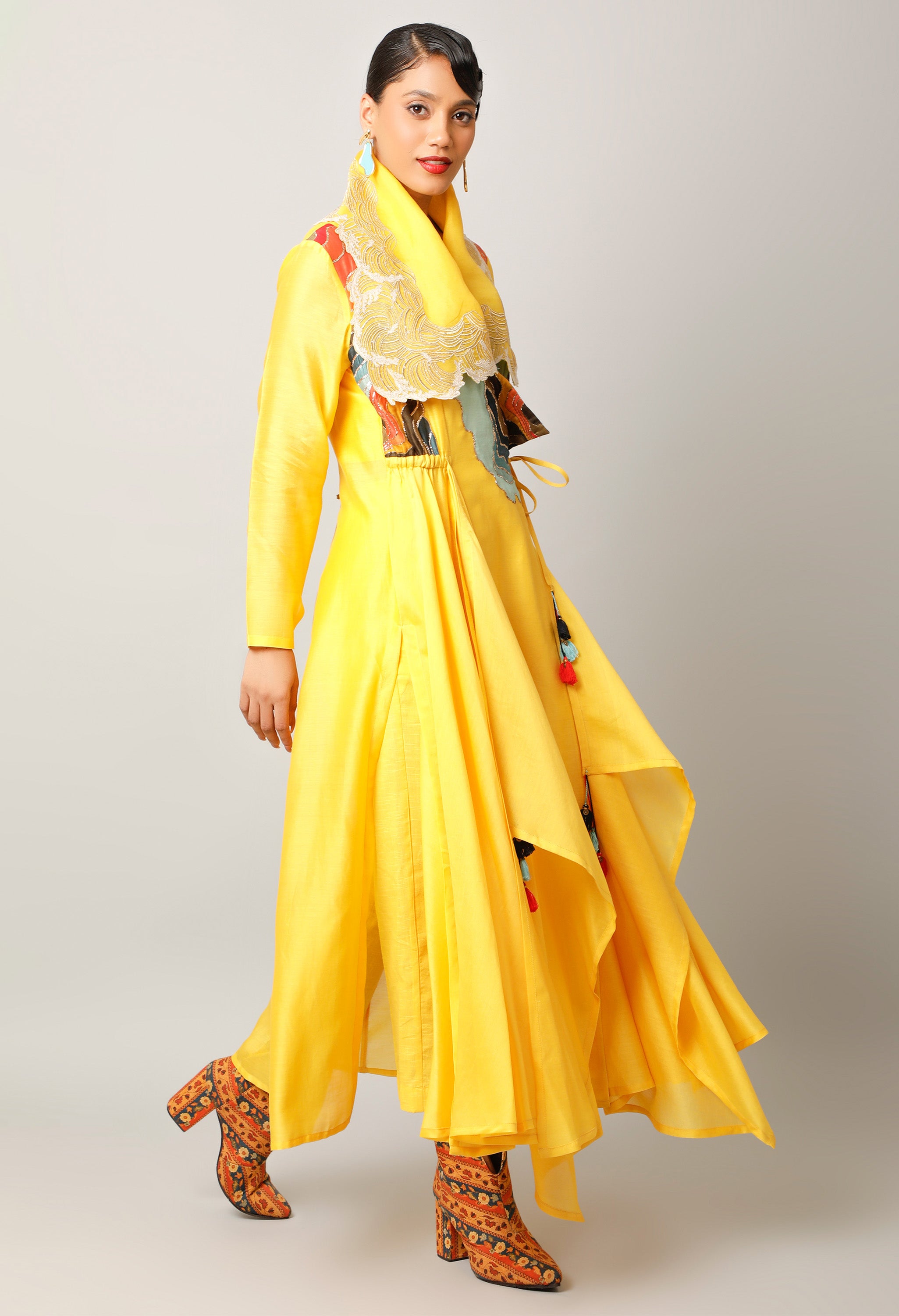 WAVES EMBROIDERED DRAPED COLLAR ANGRAKHA WITH PANTS